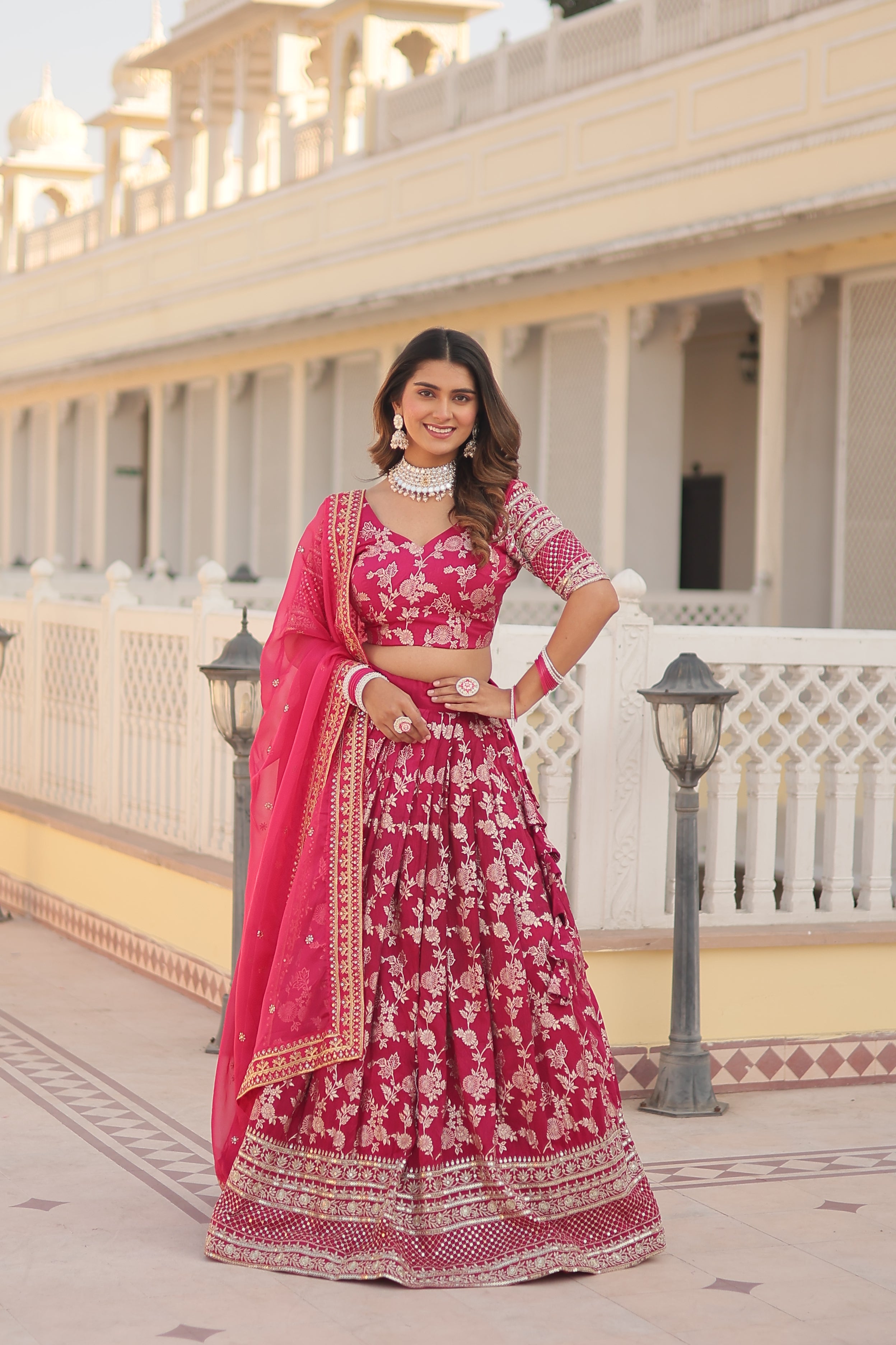 Jacquard embroidered sangeet lehenga choli with sequins and thread work for women