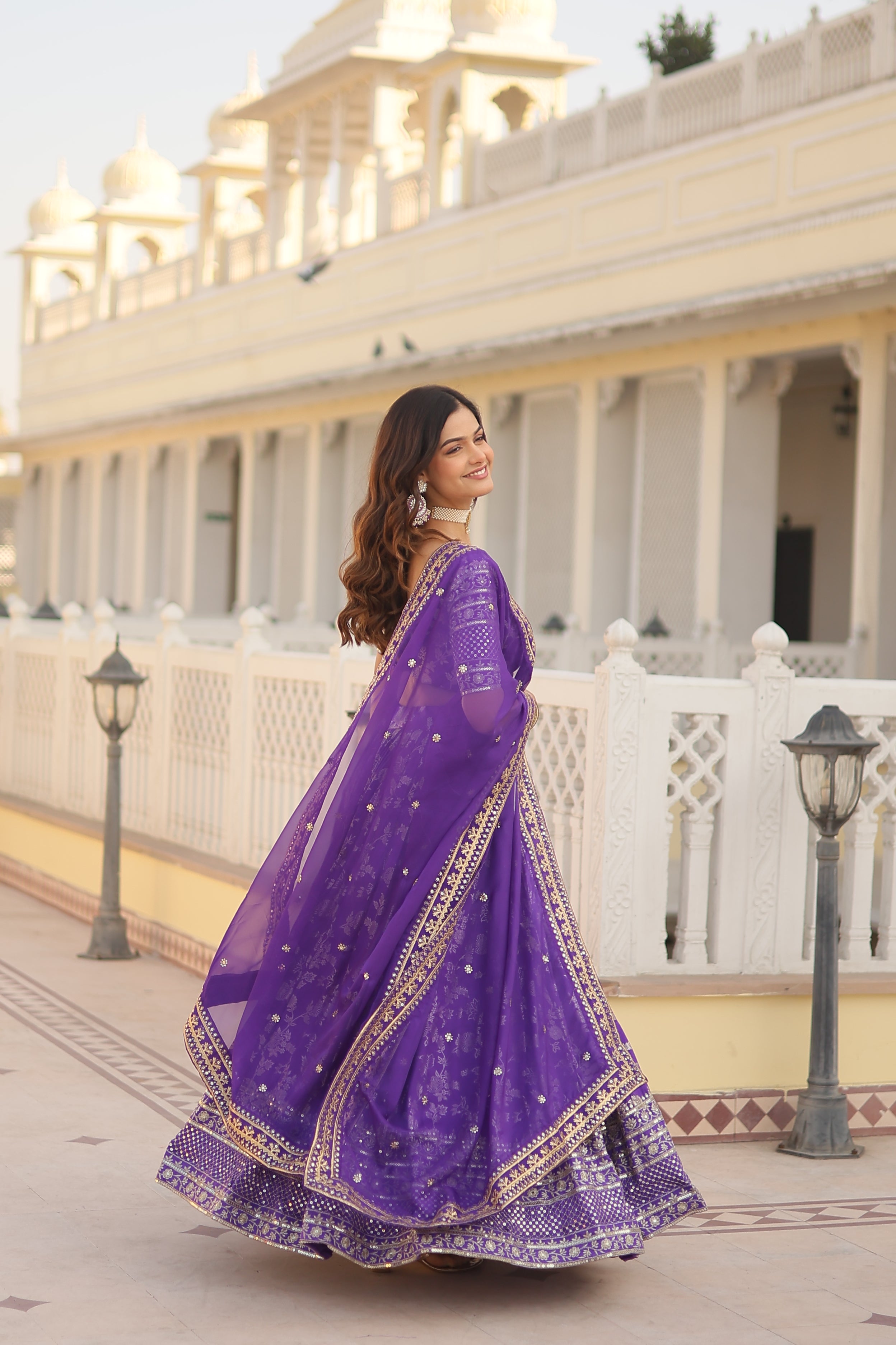 Jacquard embroidered sangeet lehenga choli with sequins and thread work for women