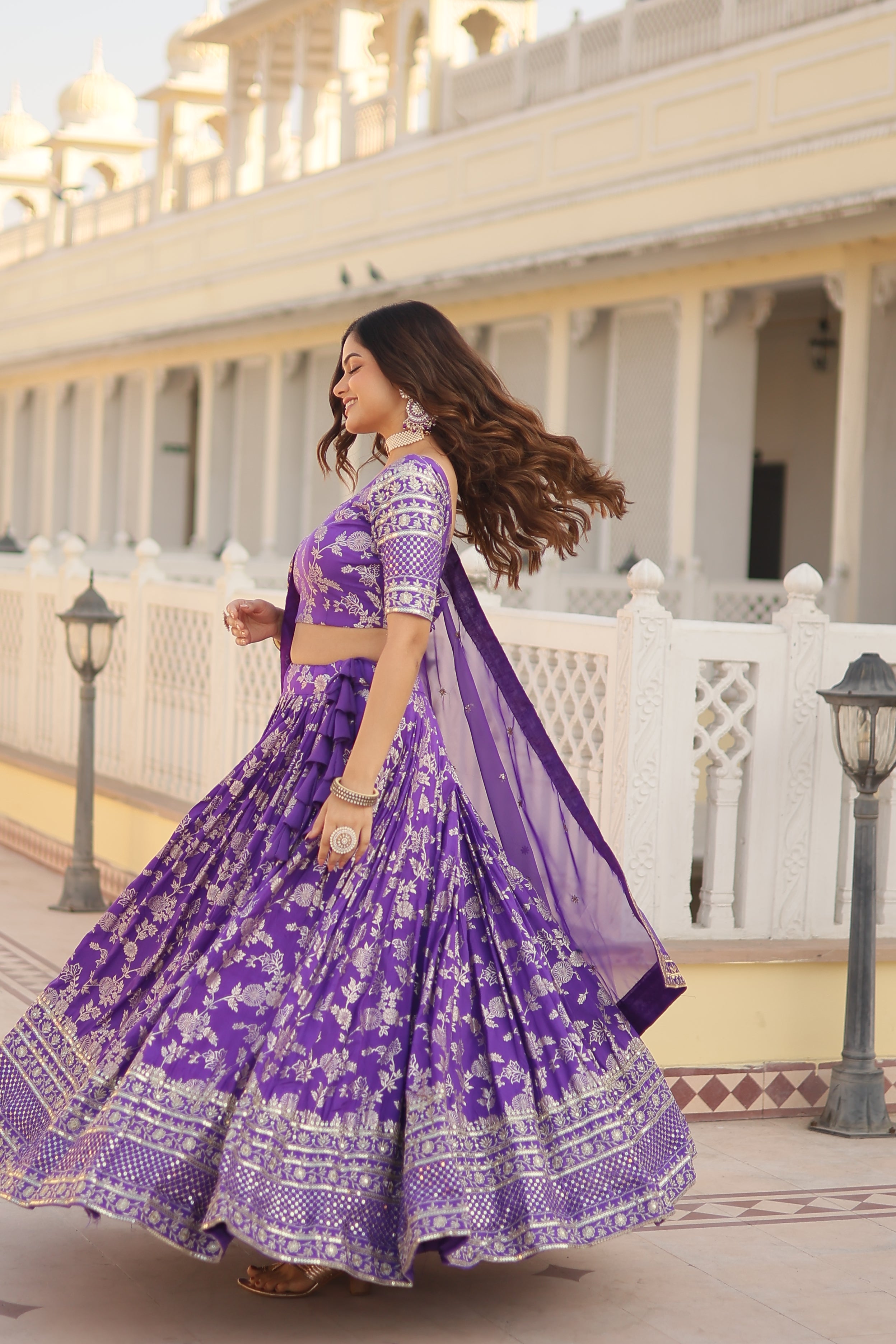 Jacquard embroidered sangeet lehenga choli with sequins and thread work for women