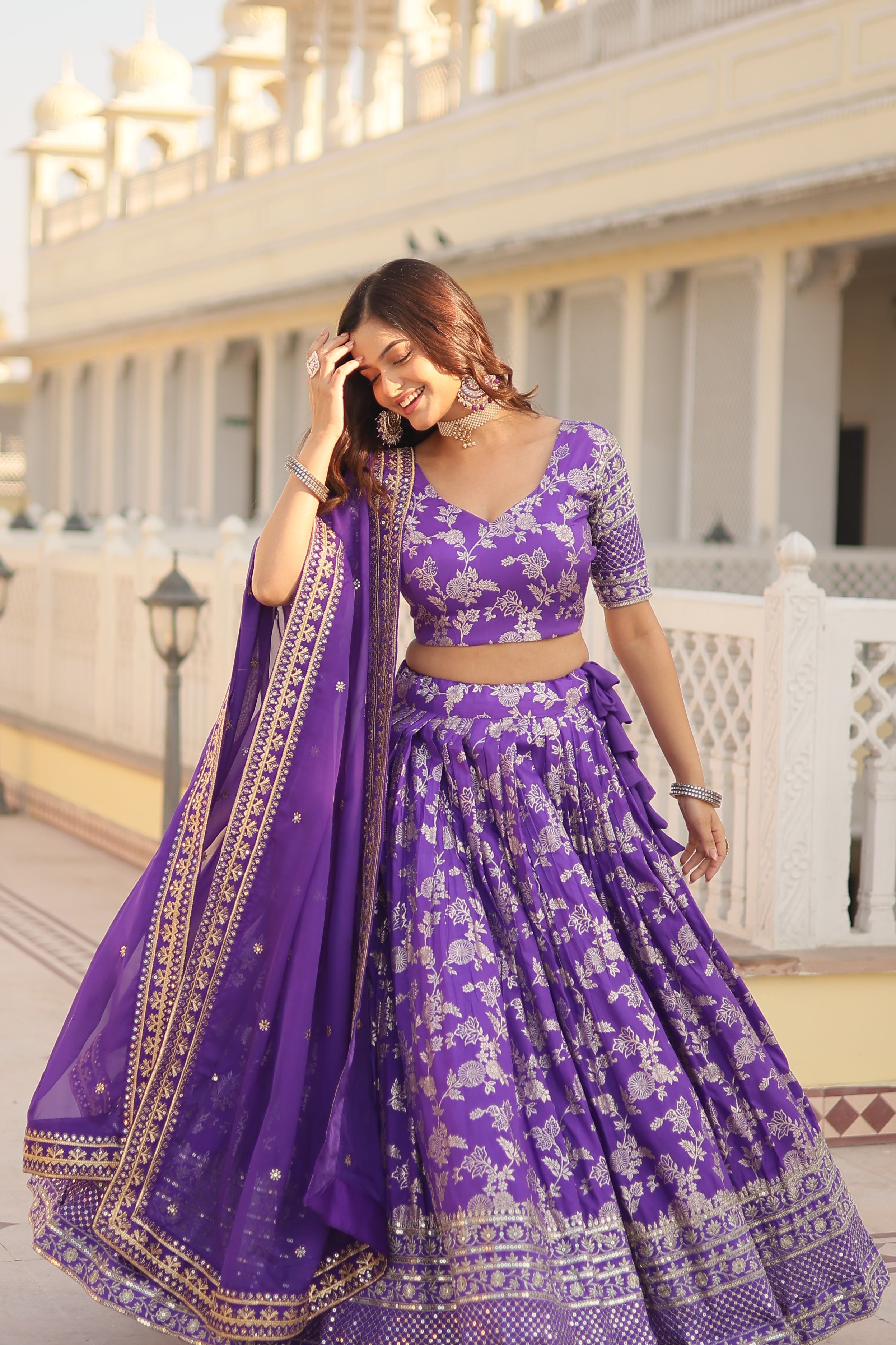 Jacquard embroidered sangeet lehenga choli with sequins and thread work for women