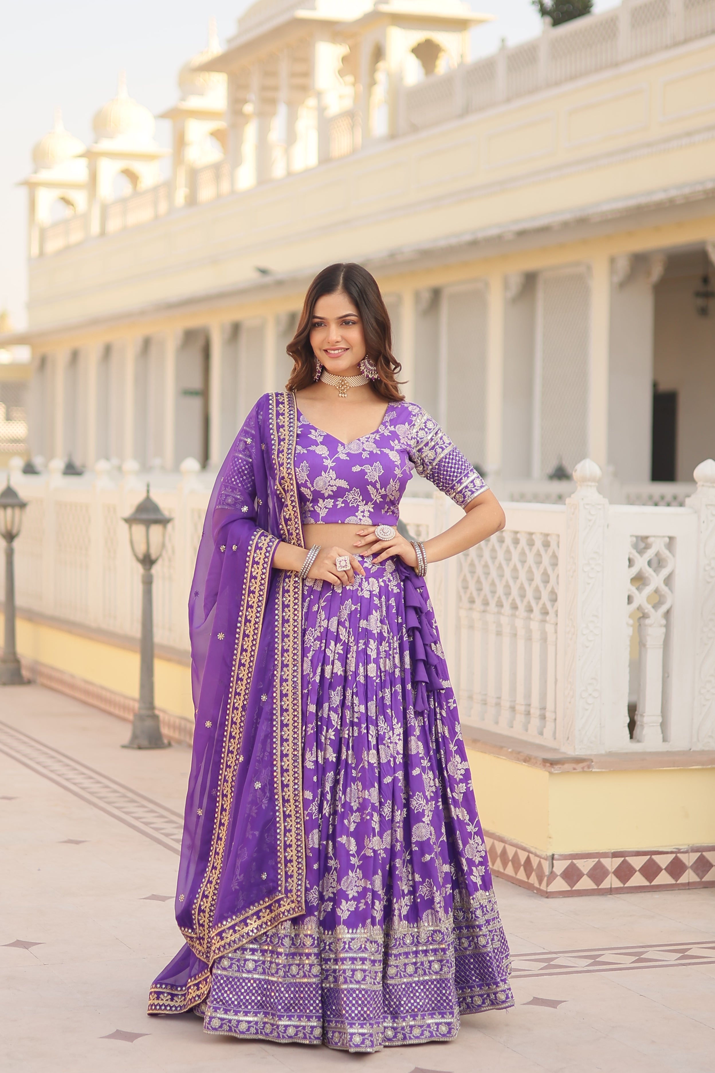 Jacquard embroidered sangeet lehenga choli with sequins and thread work for women
