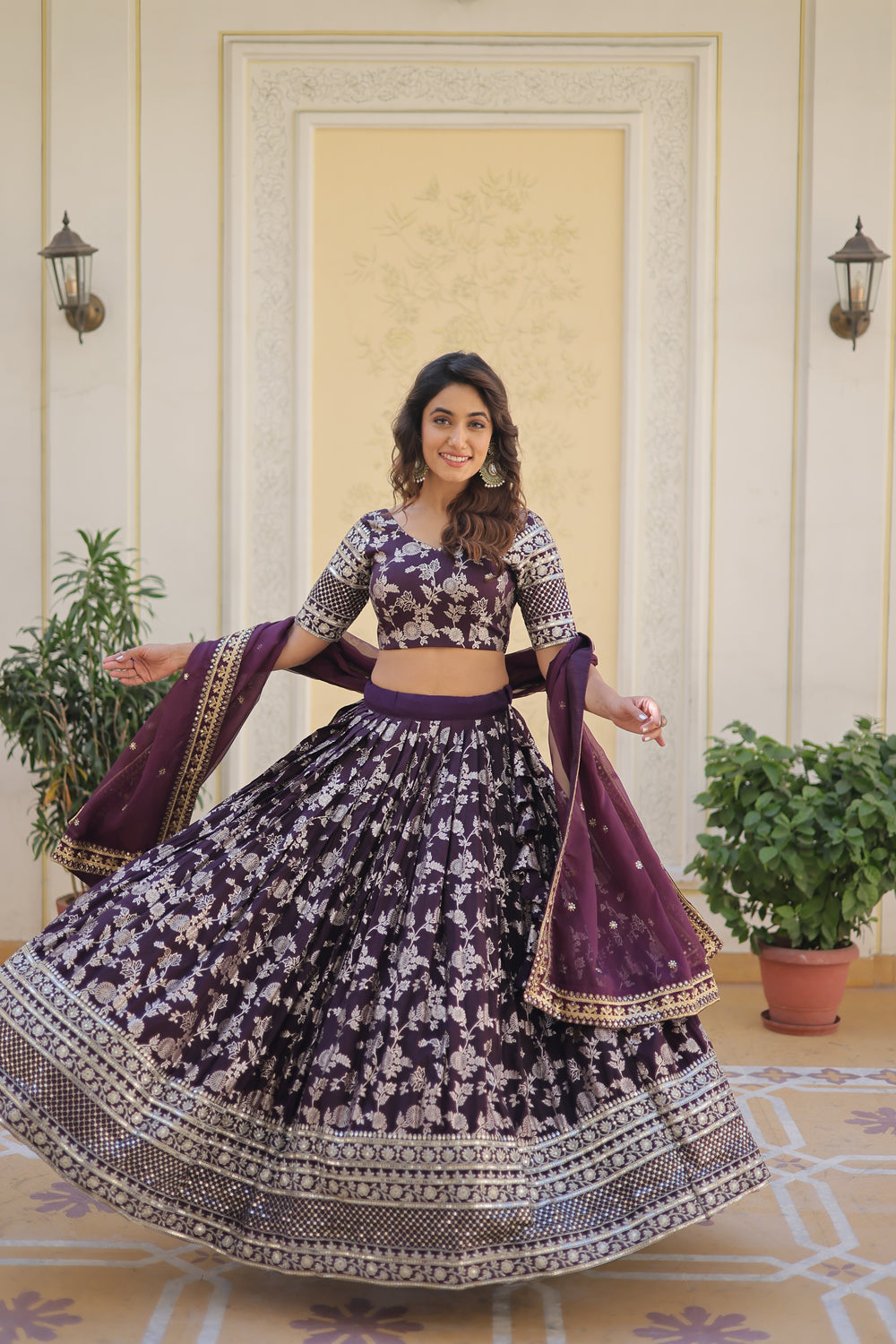 Jacquard embroidered sangeet lehenga choli with sequins and thread work for women