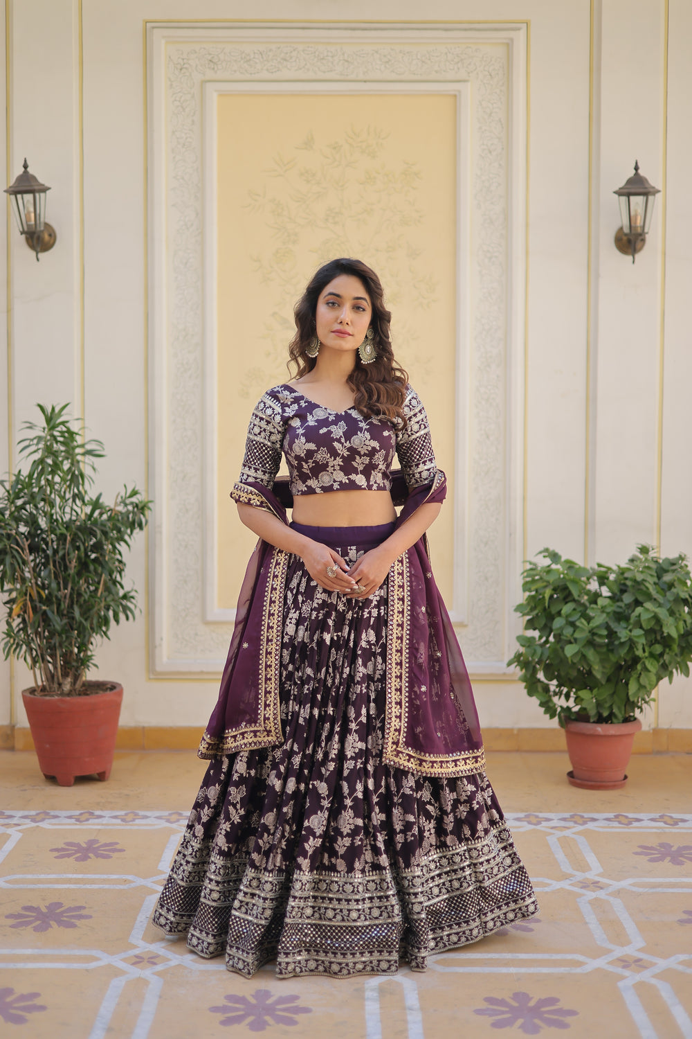Jacquard embroidered sangeet lehenga choli with sequins and thread work for women