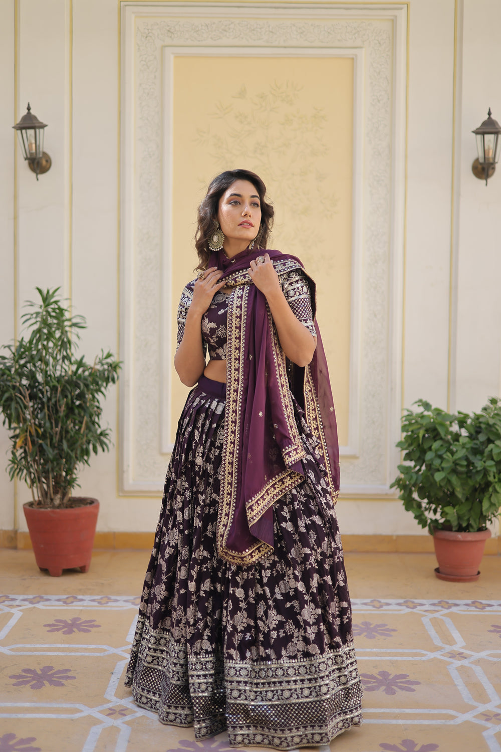 Jacquard embroidered sangeet lehenga choli with sequins and thread work for women