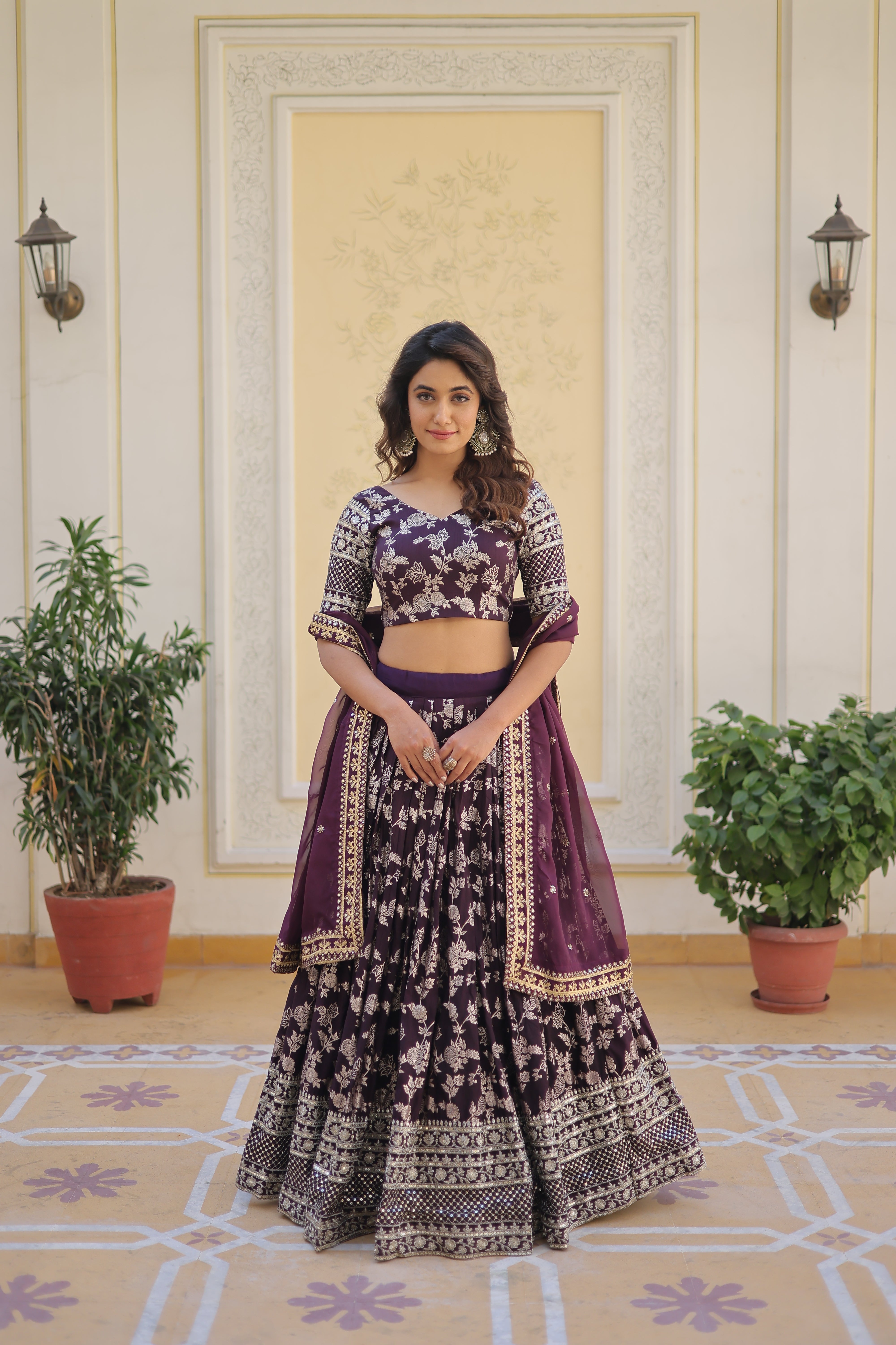 Jacquard embroidered sangeet lehenga choli with sequins and thread work for women