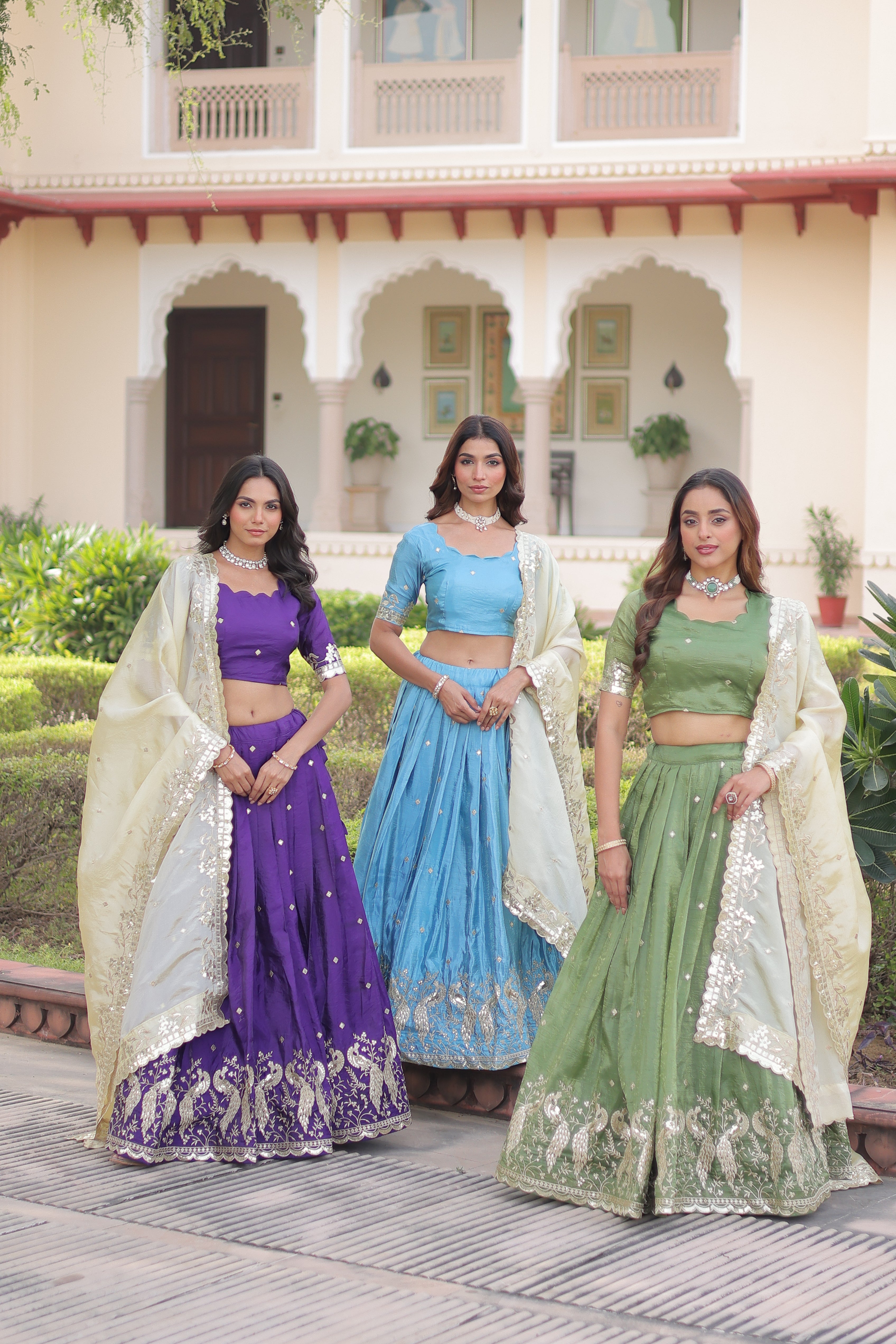 Zari Embroidered Crushed Wedding Lehenga Choli for Women