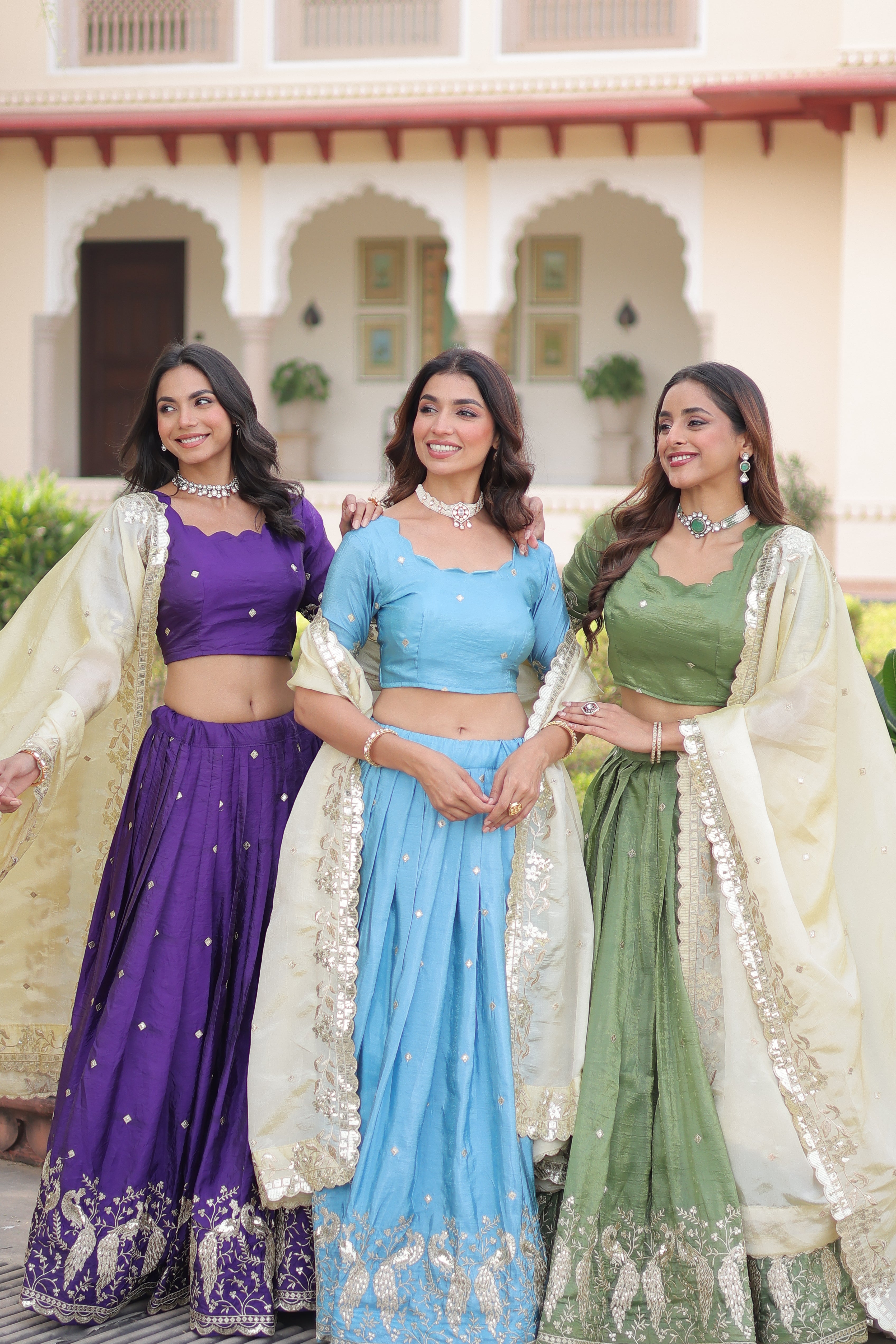 Zari Embroidered Crushed Wedding Lehenga Choli for Women