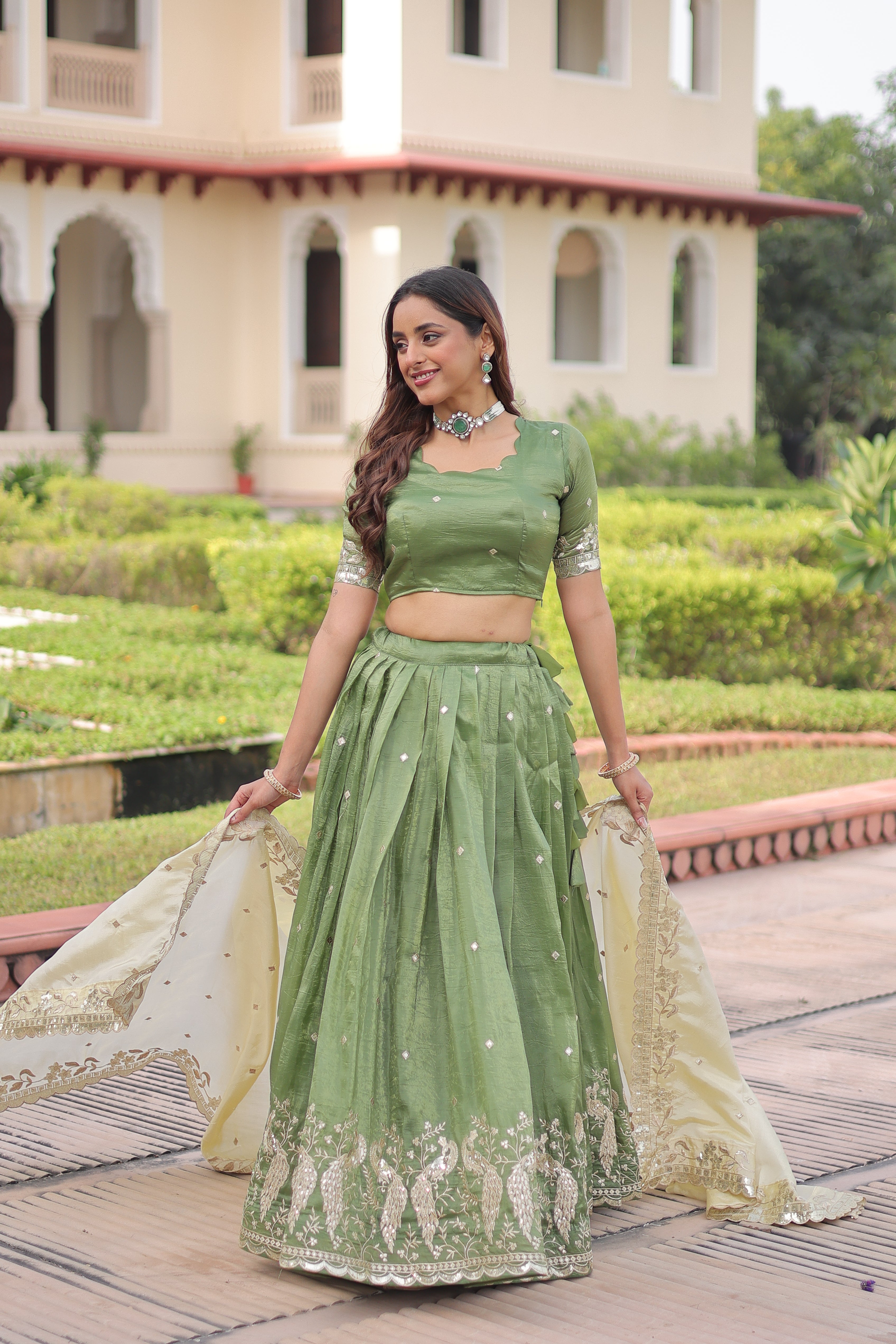 Zari Embroidered Crushed Wedding Lehenga Choli for Women