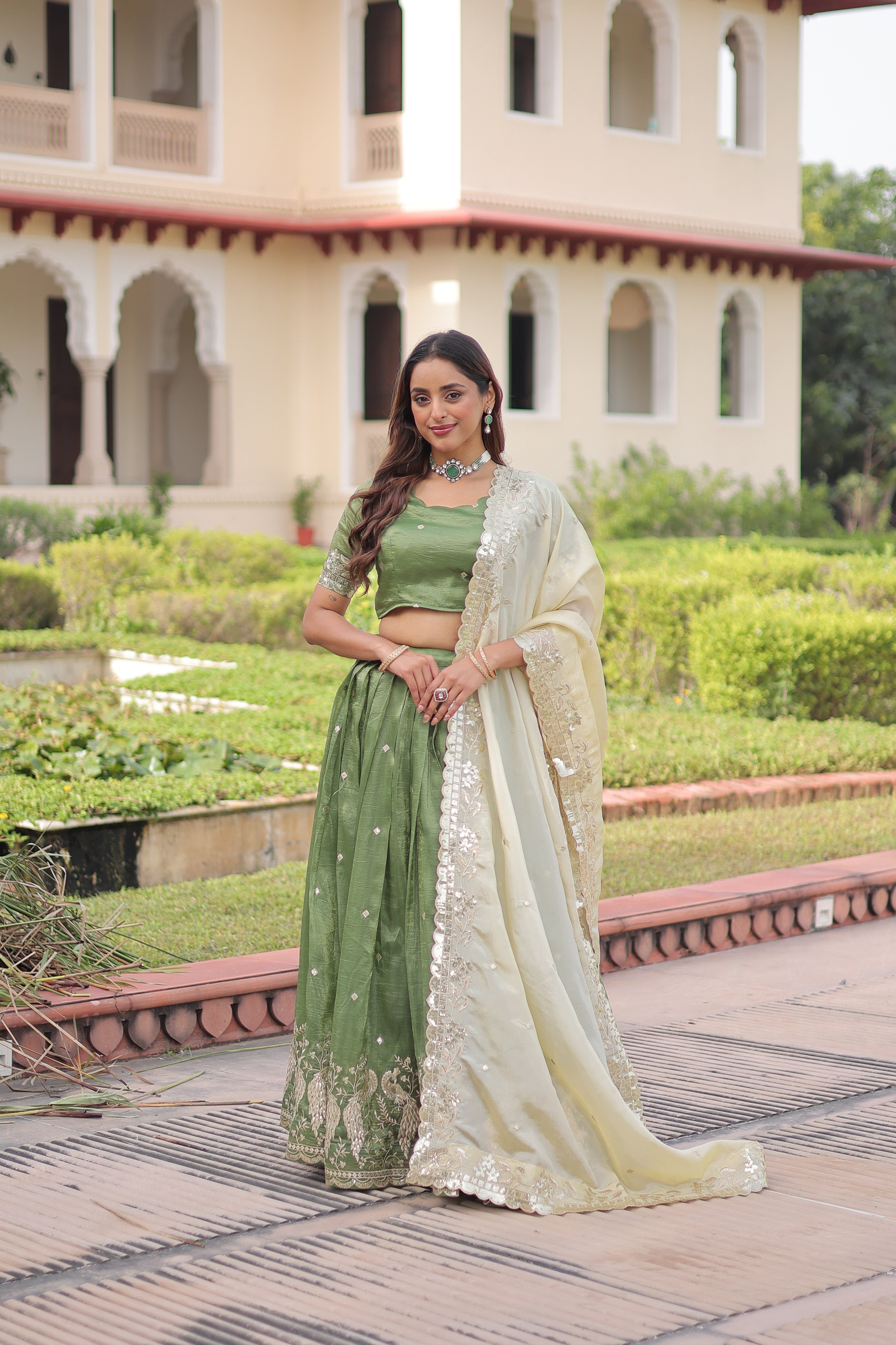 Zari Embroidered Crushed Wedding Lehenga Choli for Women
