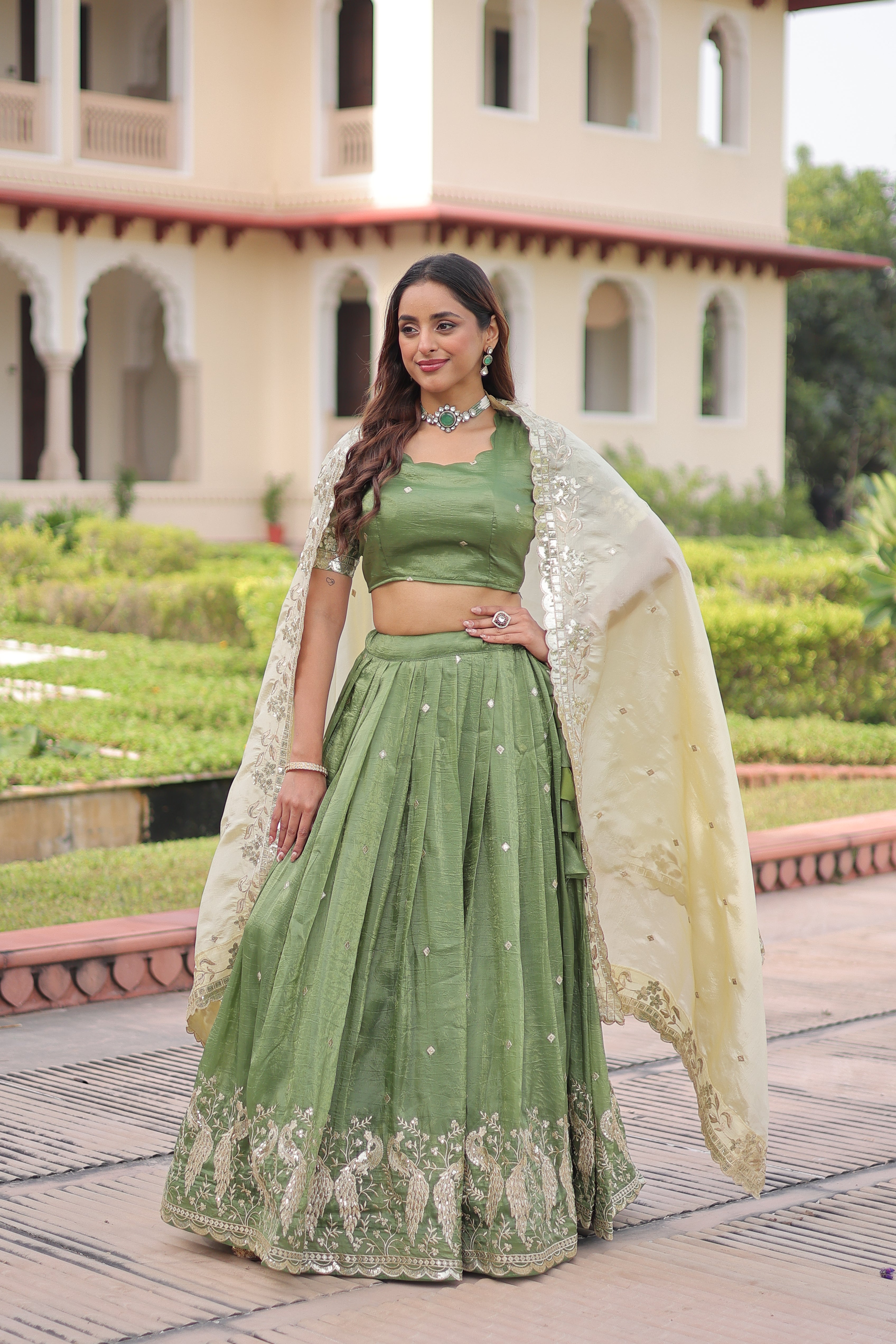 Zari Embroidered Crushed Wedding Lehenga Choli for Women