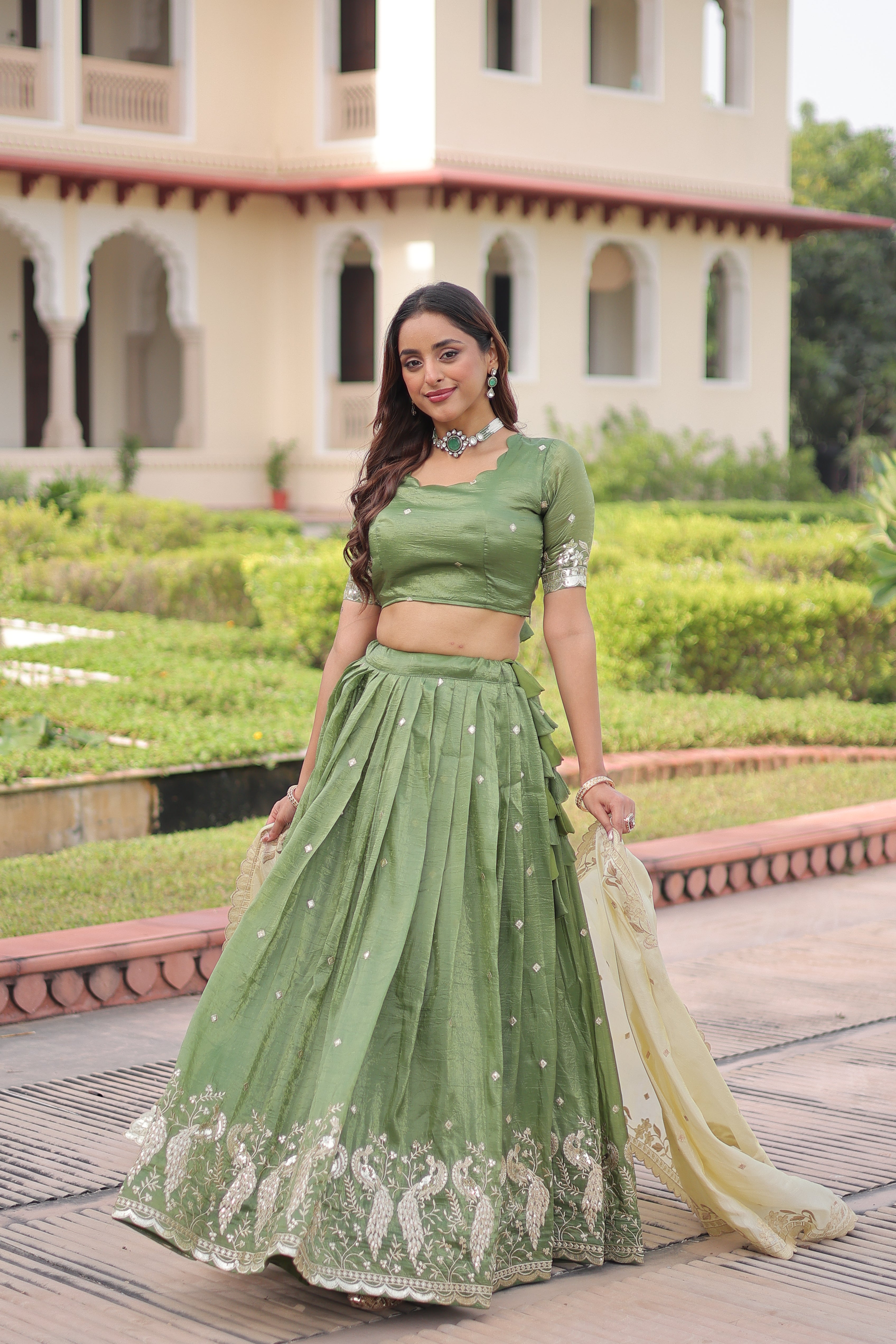 Zari Embroidered Crushed Wedding Lehenga Choli for Women