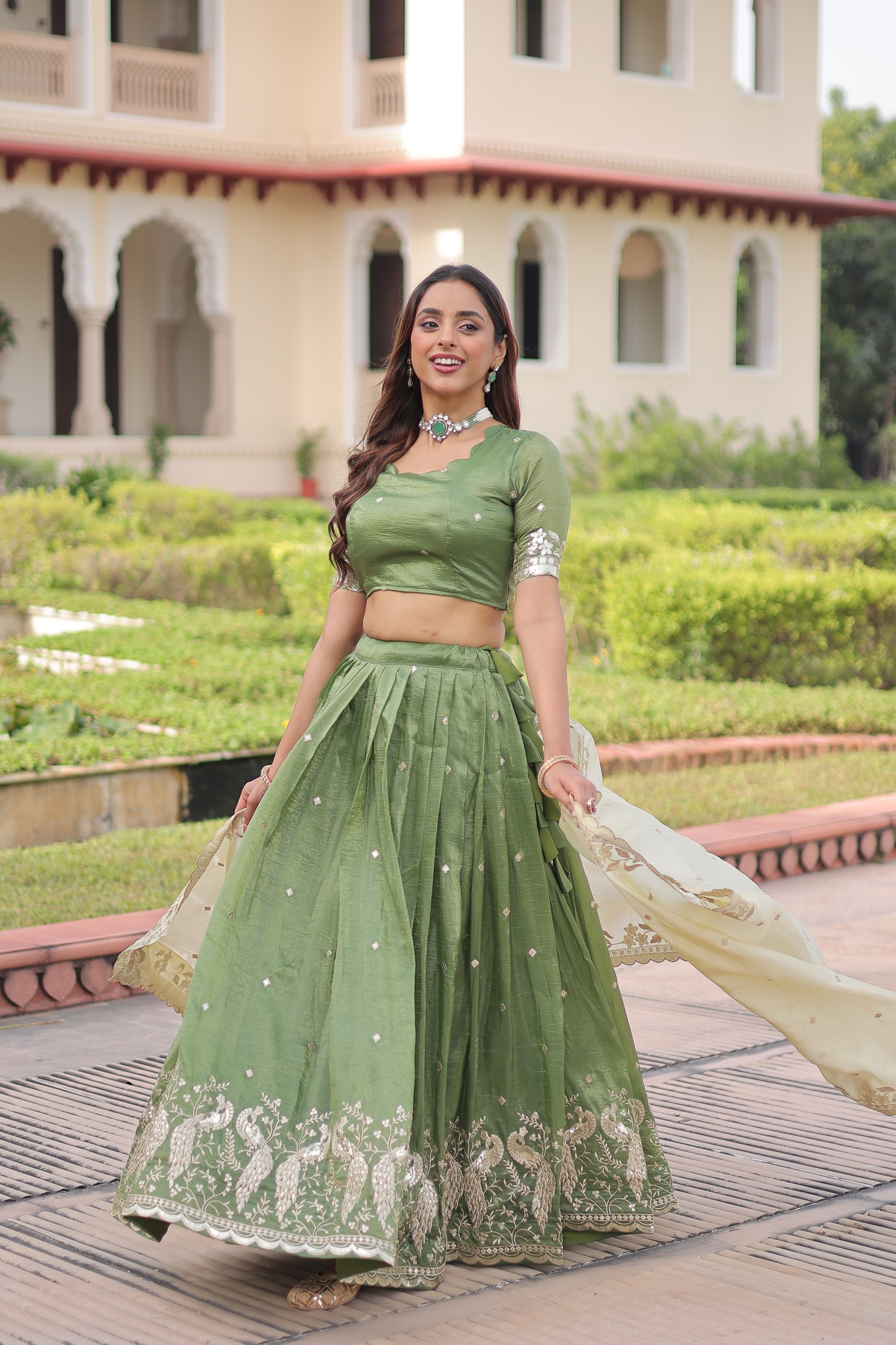 Zari Embroidered Crushed Wedding Lehenga Choli for Women
