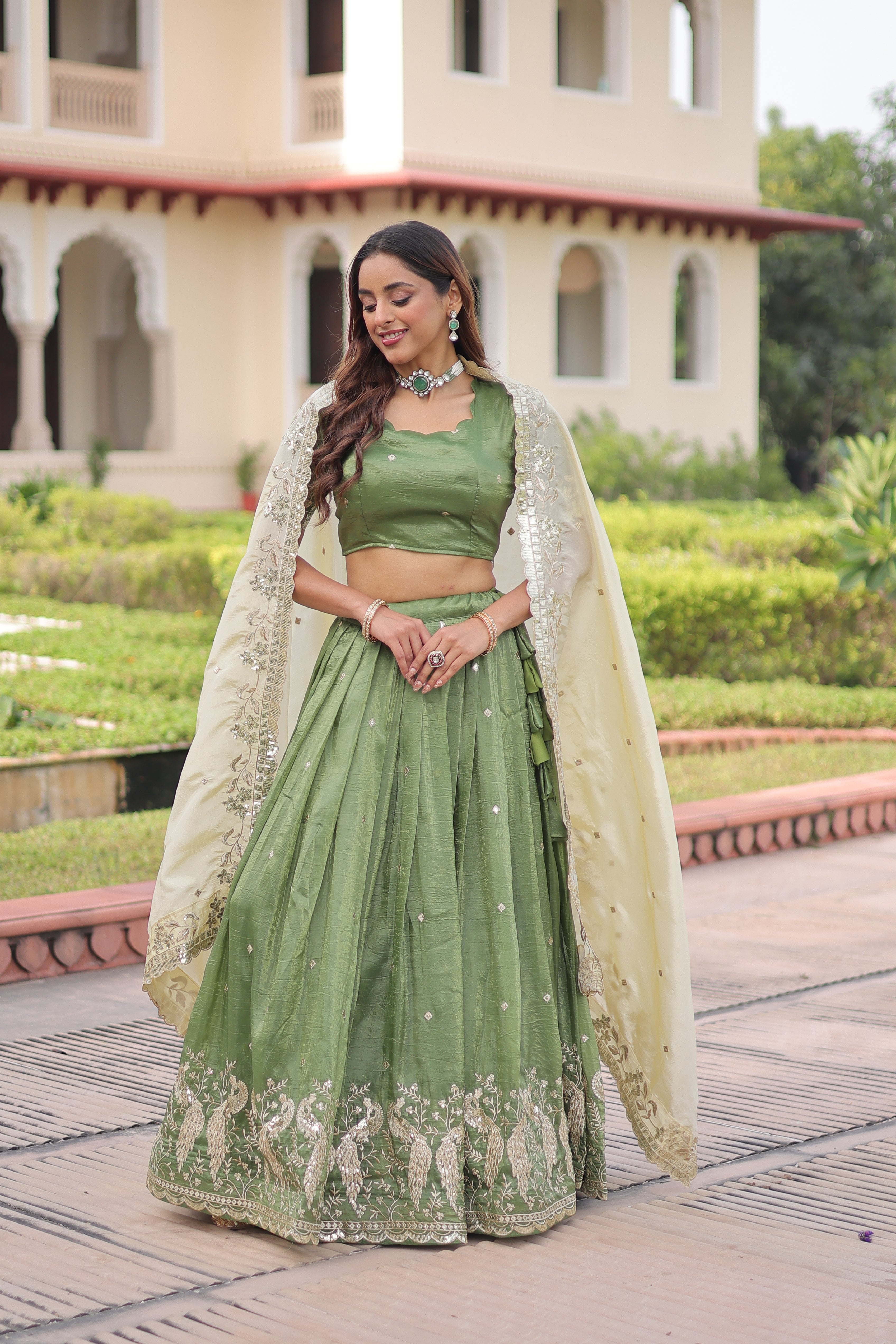 Zari Embroidered Crushed Wedding Lehenga Choli for Women