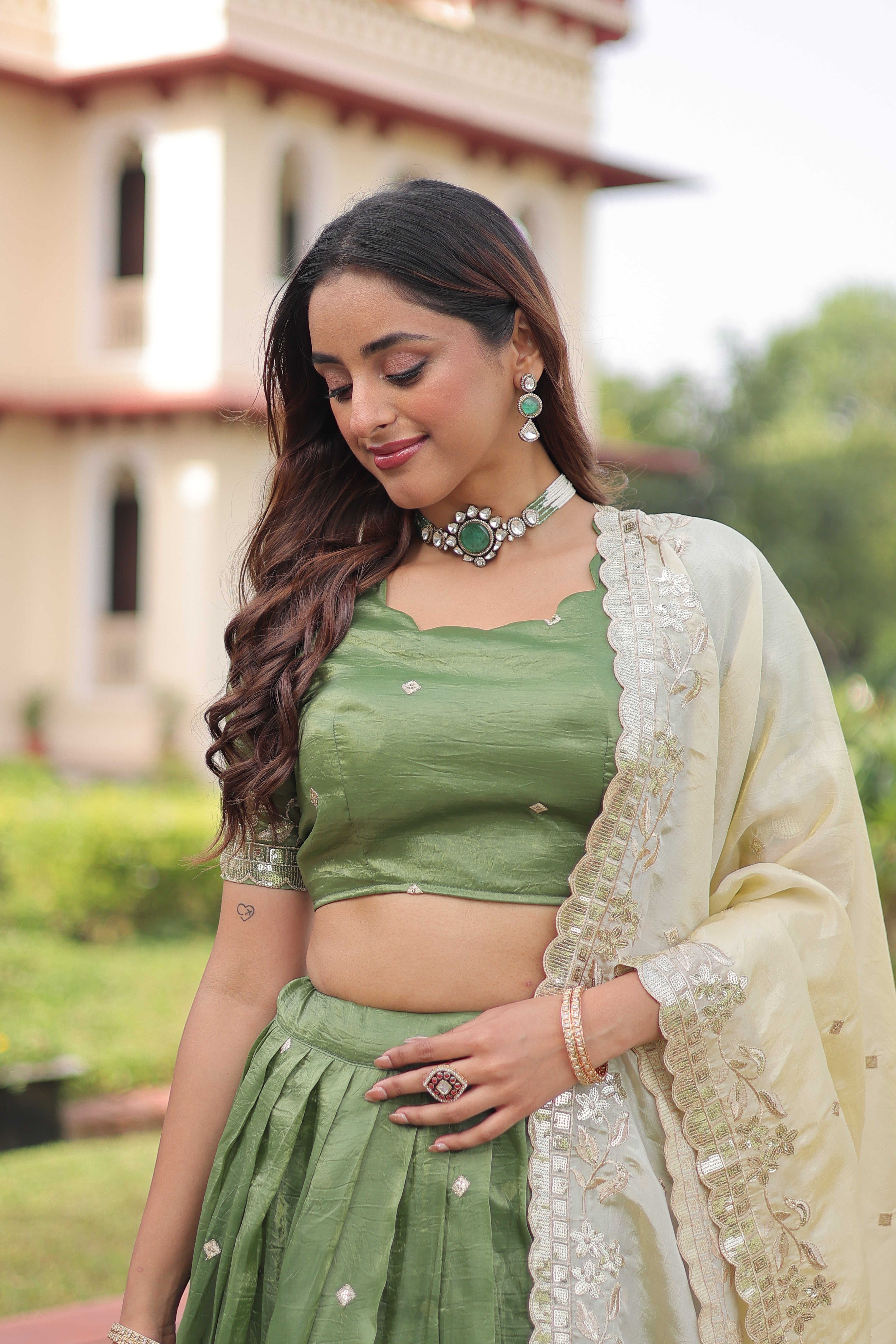 Zari Embroidered Crushed Wedding Lehenga Choli for Women