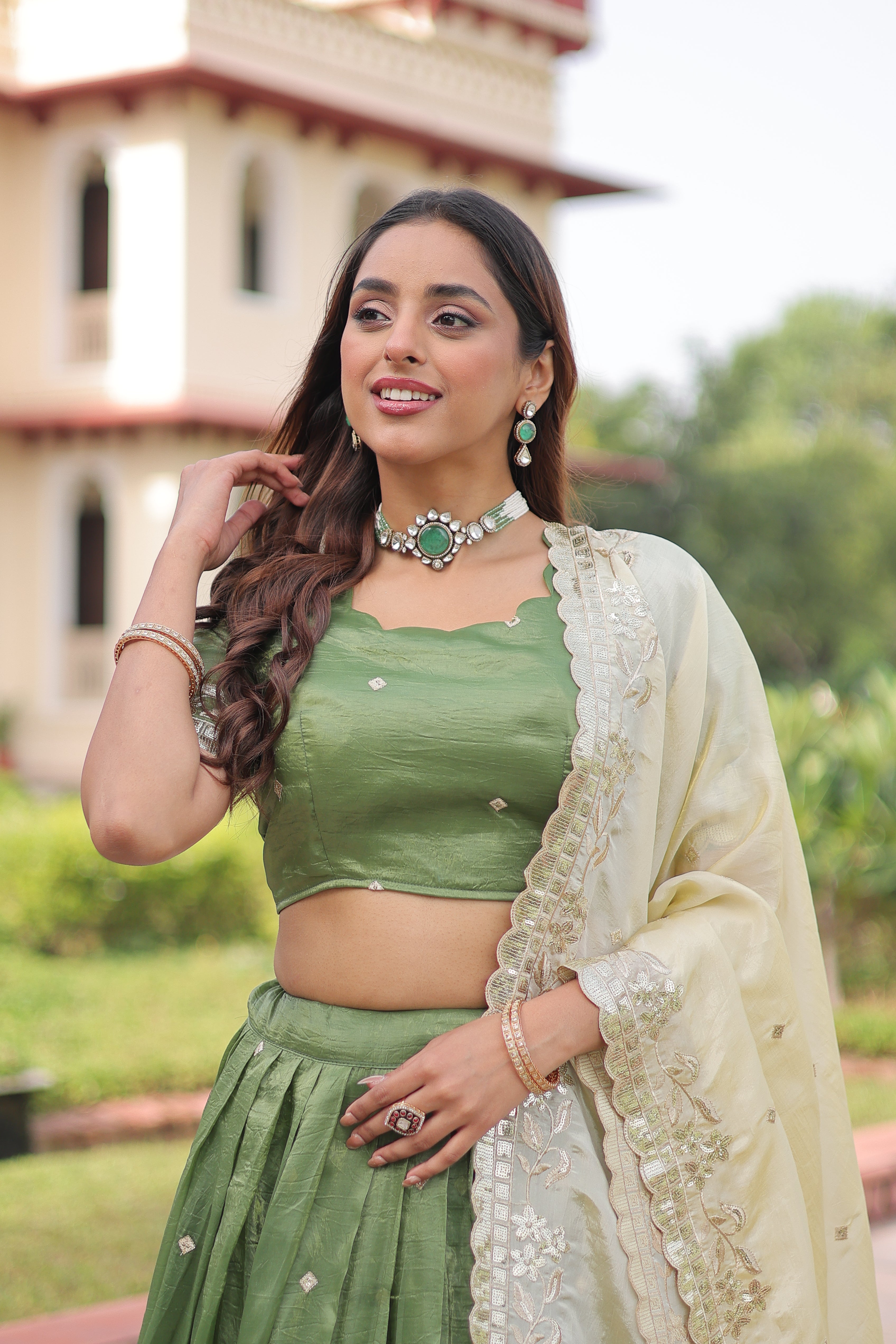 Zari Embroidered Crushed Wedding Lehenga Choli for Women