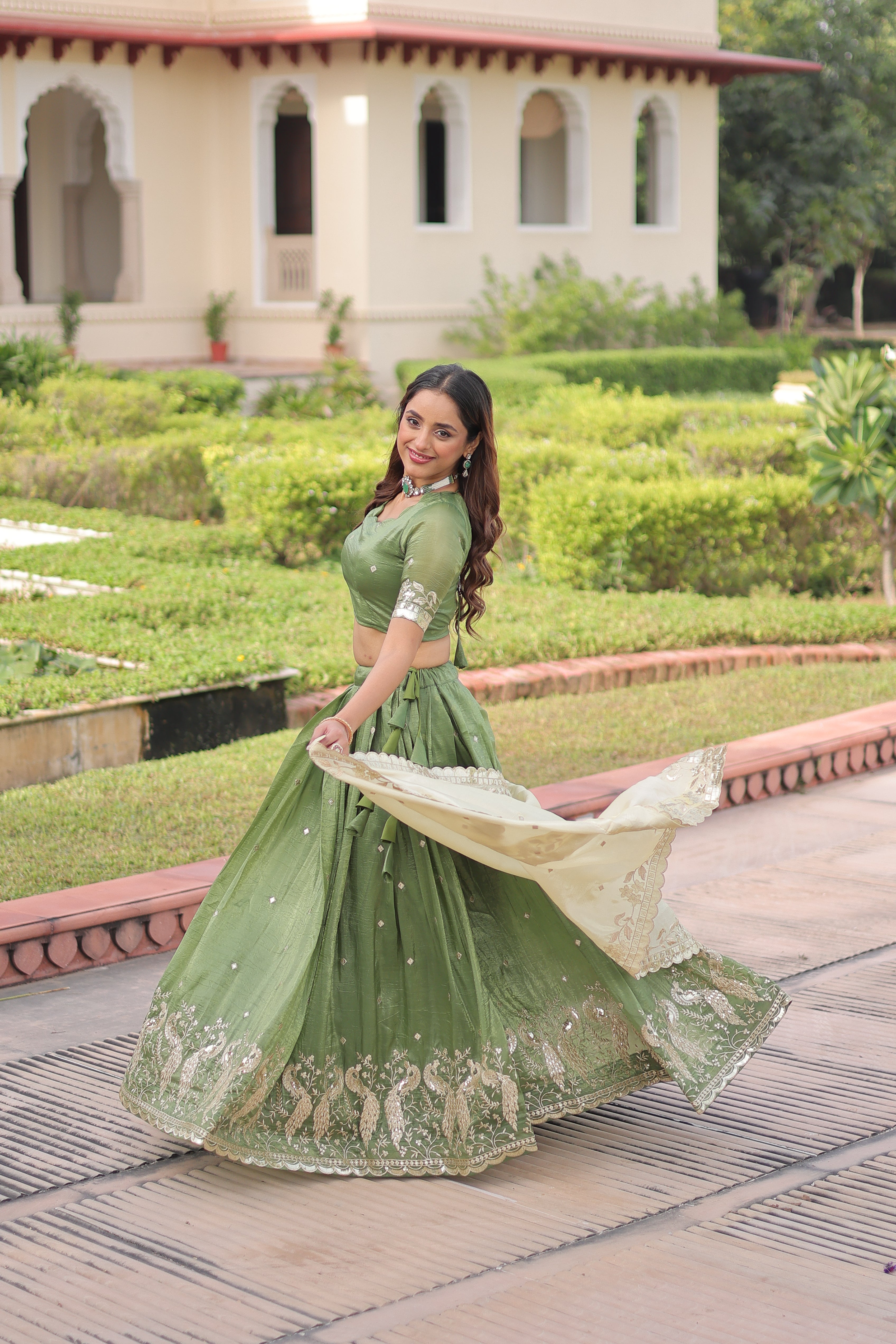 Zari Embroidered Crushed Wedding Lehenga Choli for Women