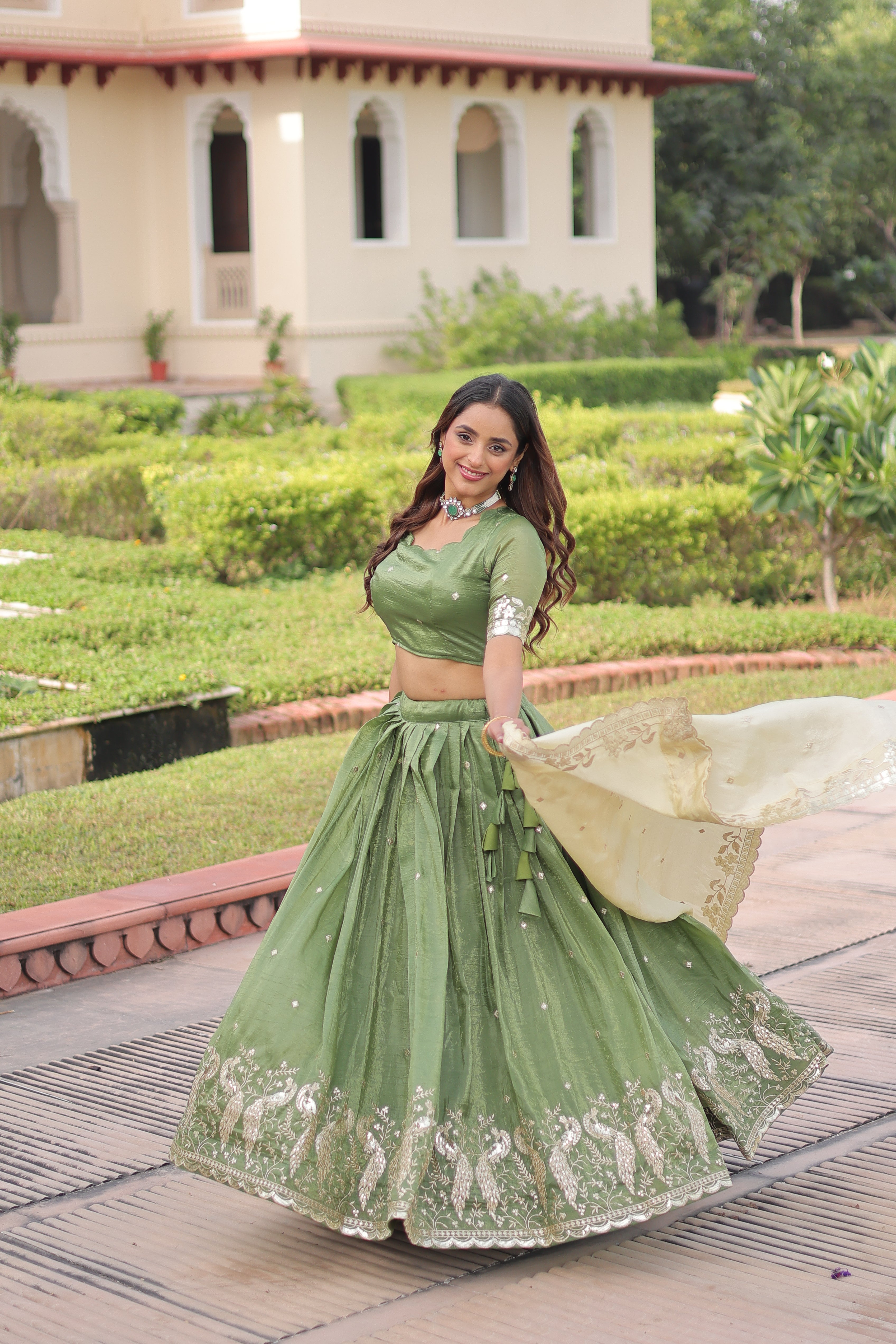 Zari Embroidered Crushed Wedding Lehenga Choli for Women