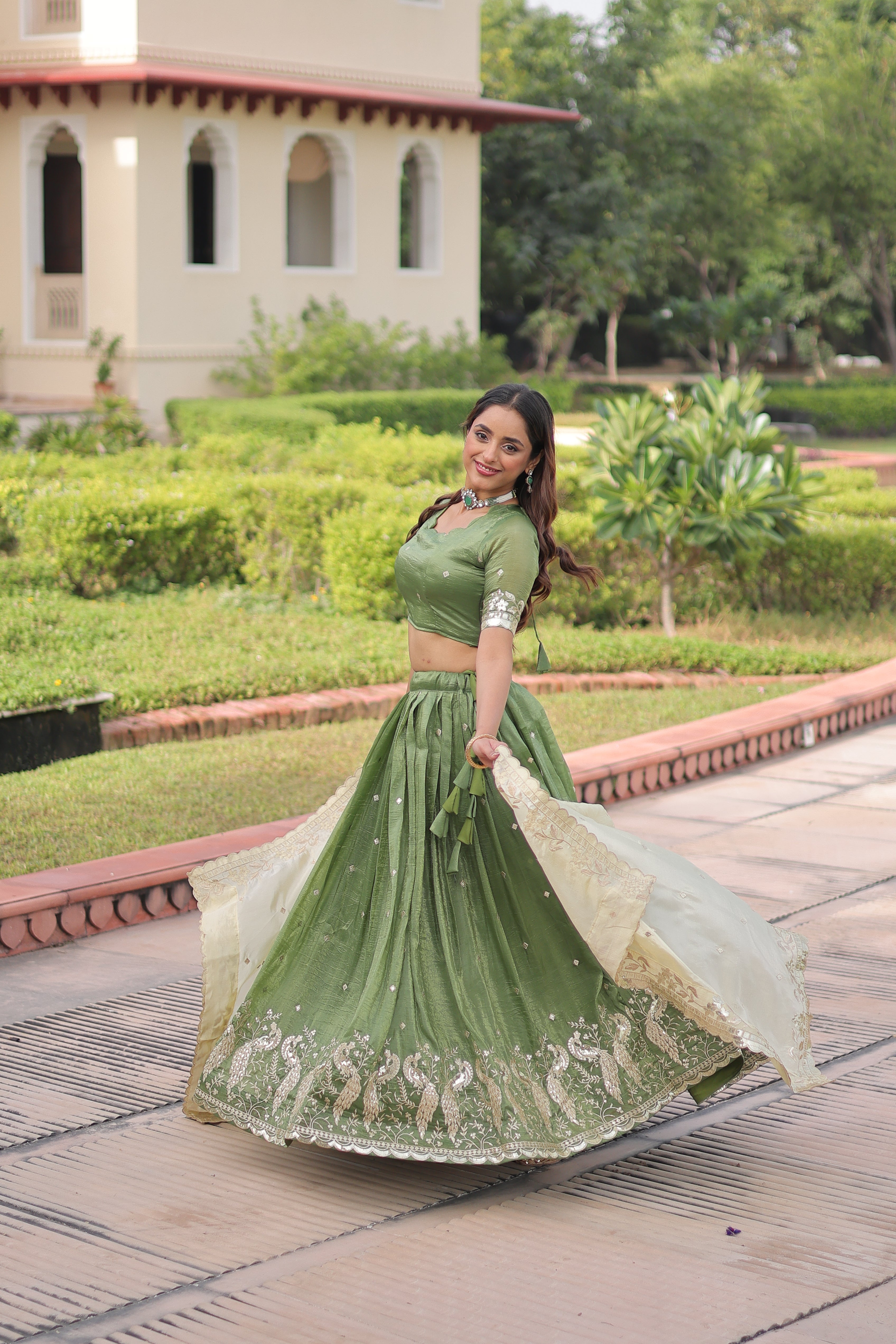 Zari Embroidered Crushed Wedding Lehenga Choli for Women