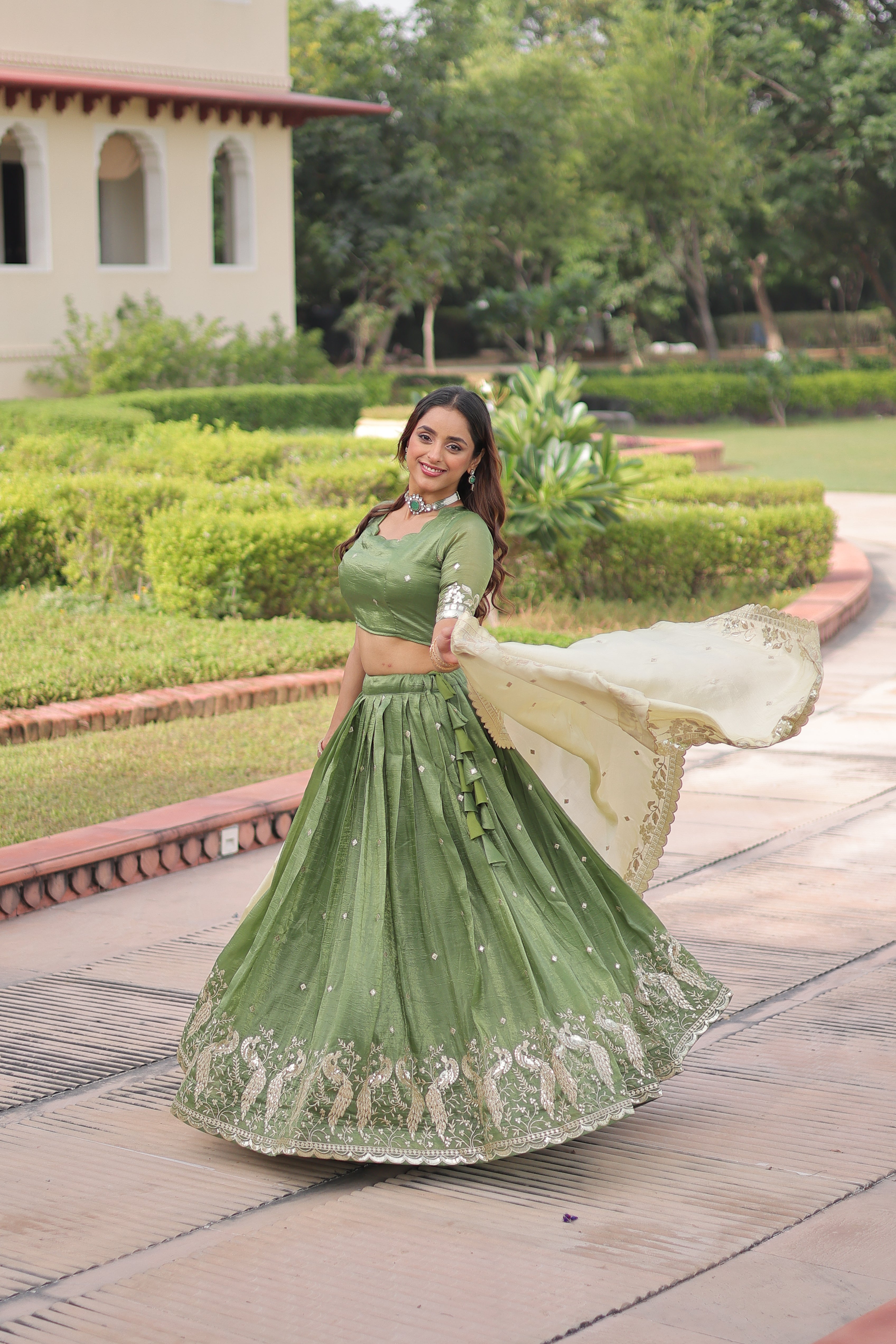 Zari Embroidered Crushed Wedding Lehenga Choli for Women