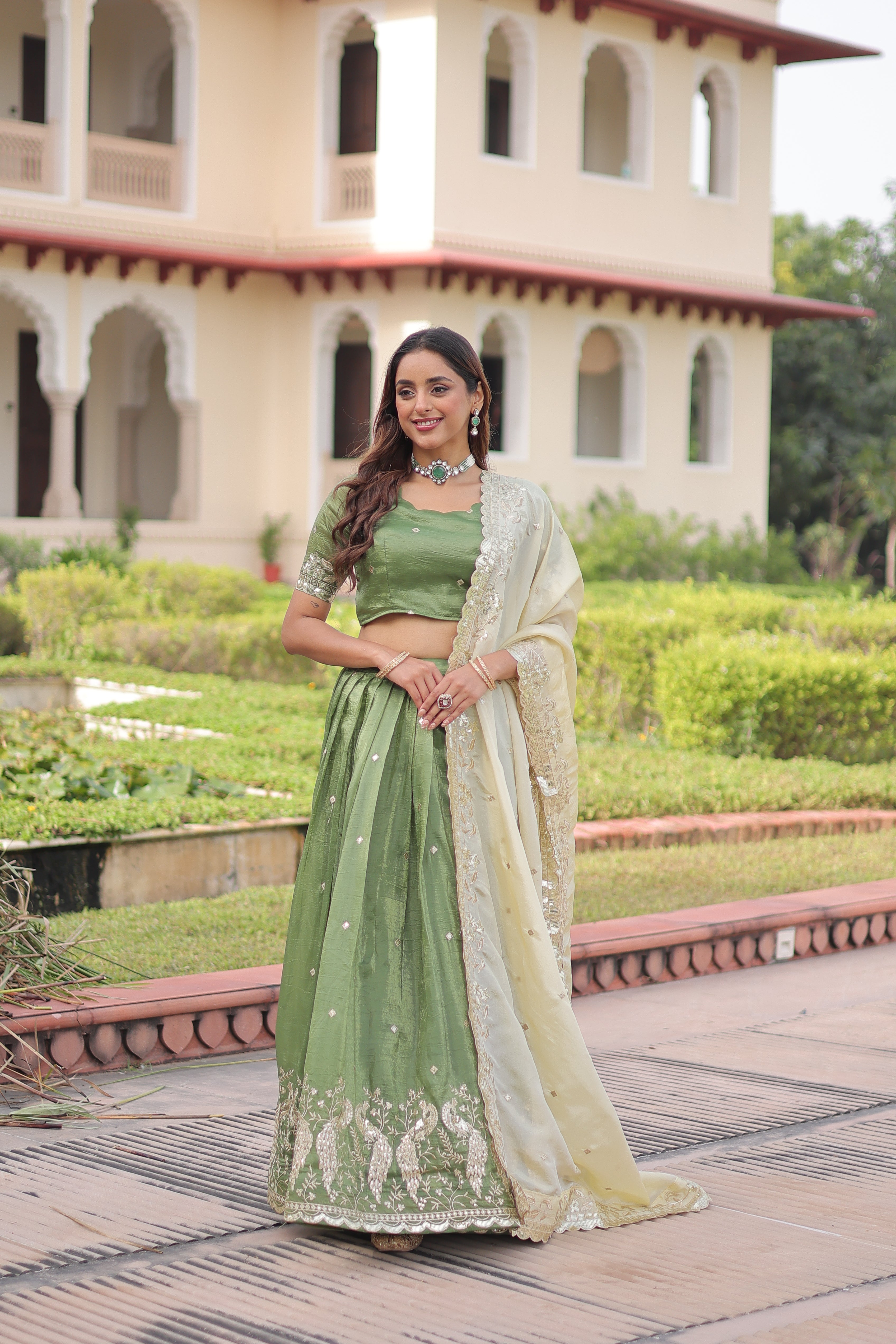 Zari Embroidered Crushed Wedding Lehenga Choli for Women