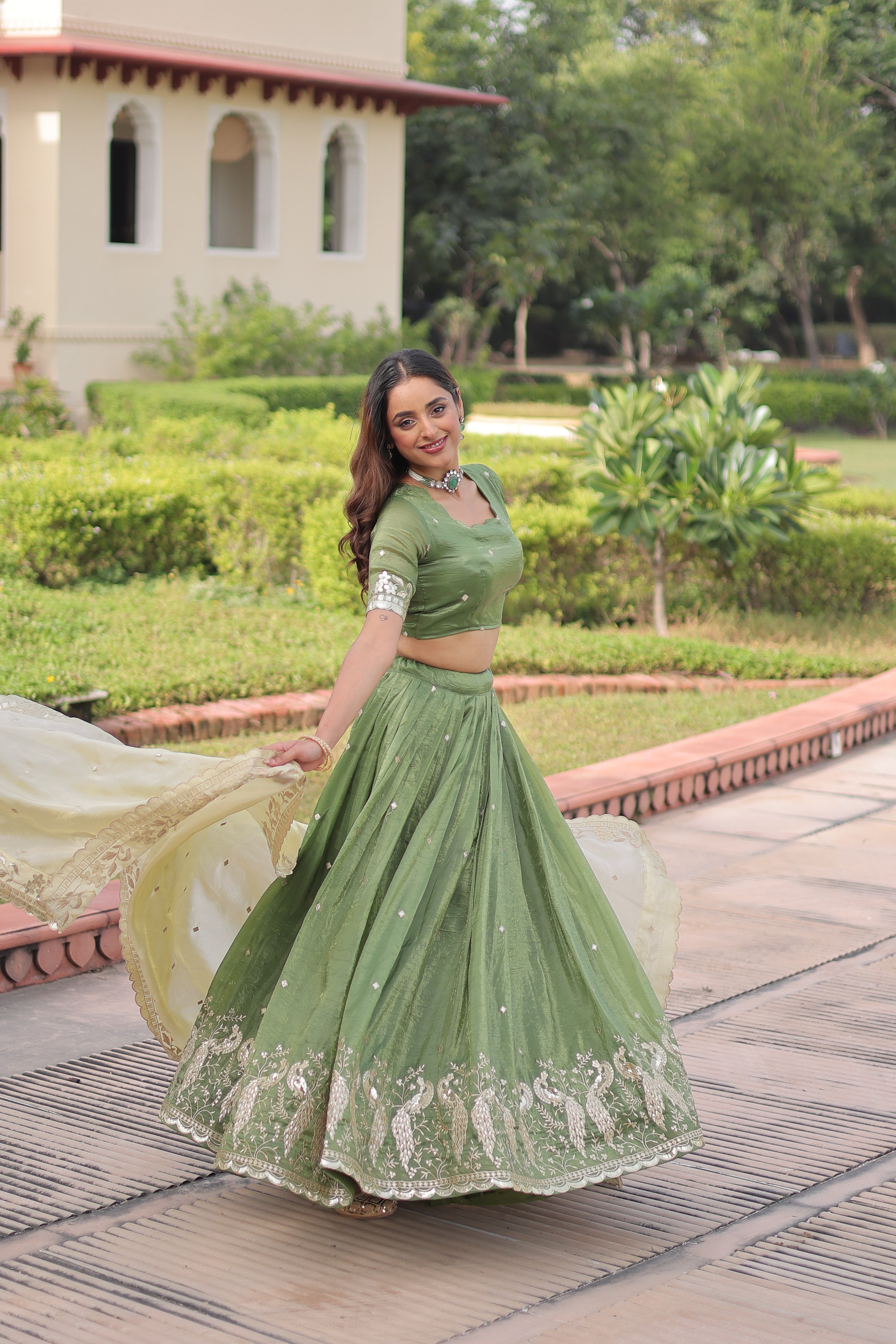Zari Embroidered Crushed Wedding Lehenga Choli for Women