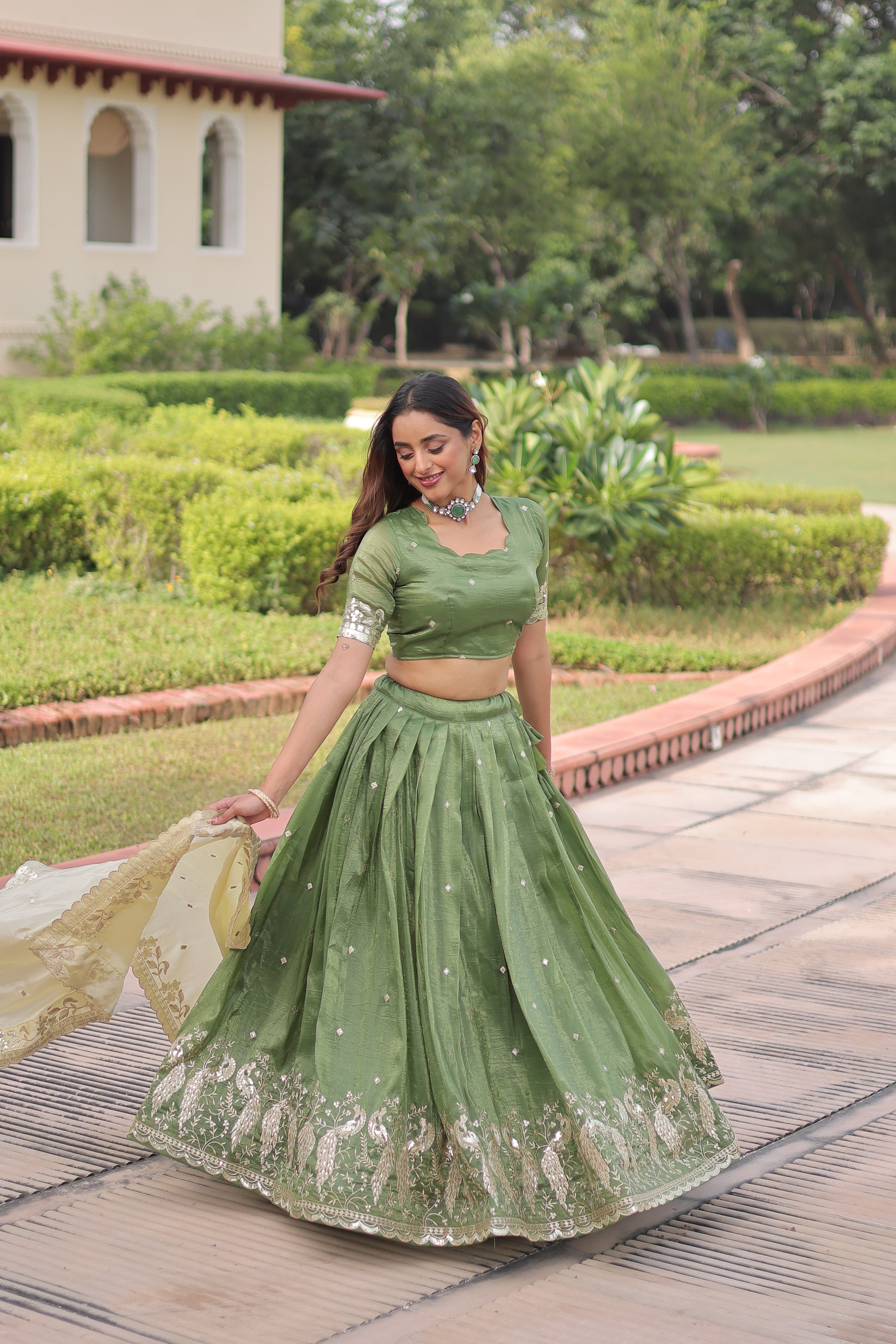 Zari Embroidered Crushed Wedding Lehenga Choli for Women