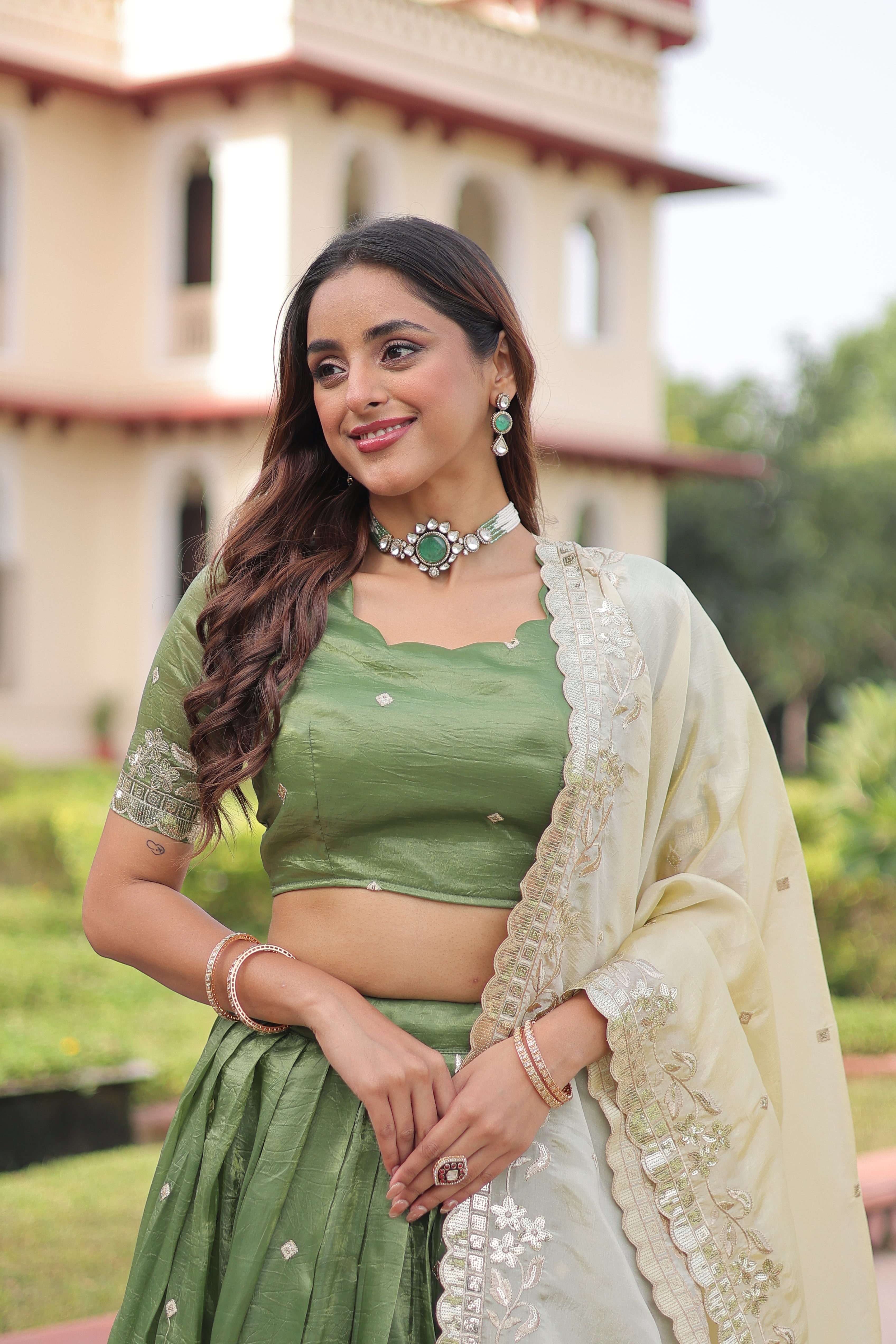 Zari Embroidered Crushed Wedding Lehenga Choli for Women