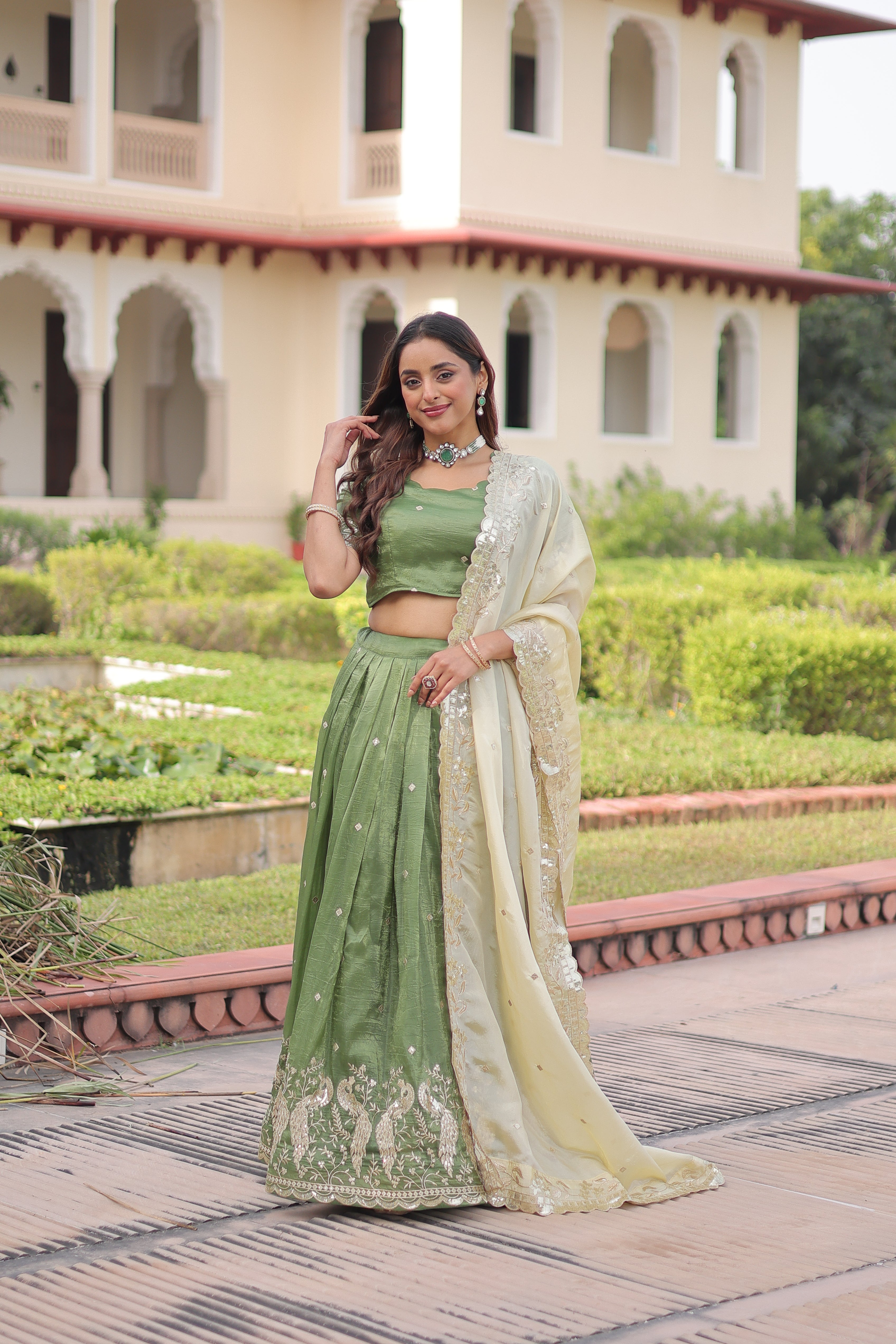 Zari Embroidered Crushed Wedding Lehenga Choli for Women