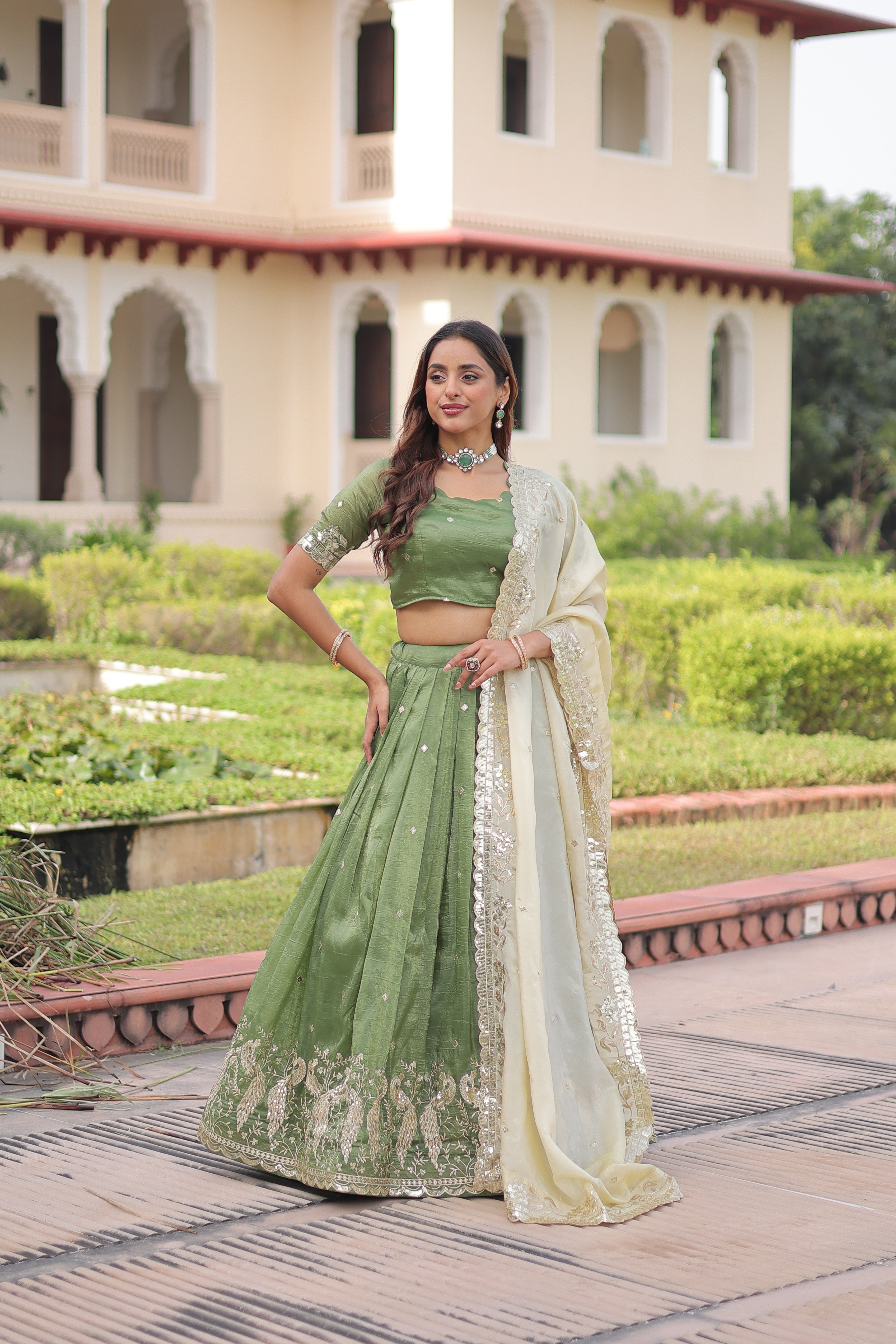 Zari Embroidered Crushed Wedding Lehenga Choli for Women