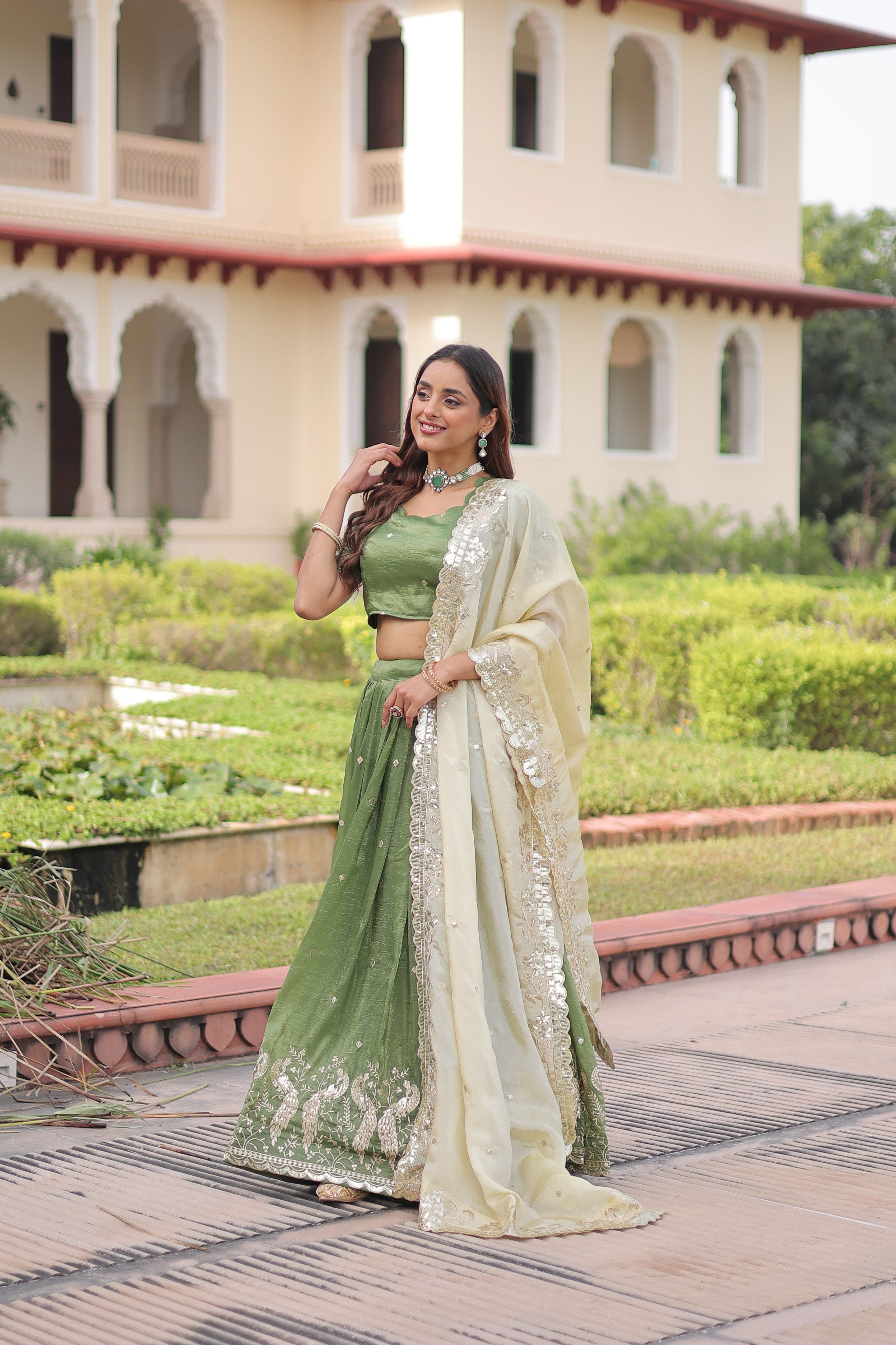 Zari Embroidered Crushed Wedding Lehenga Choli for Women
