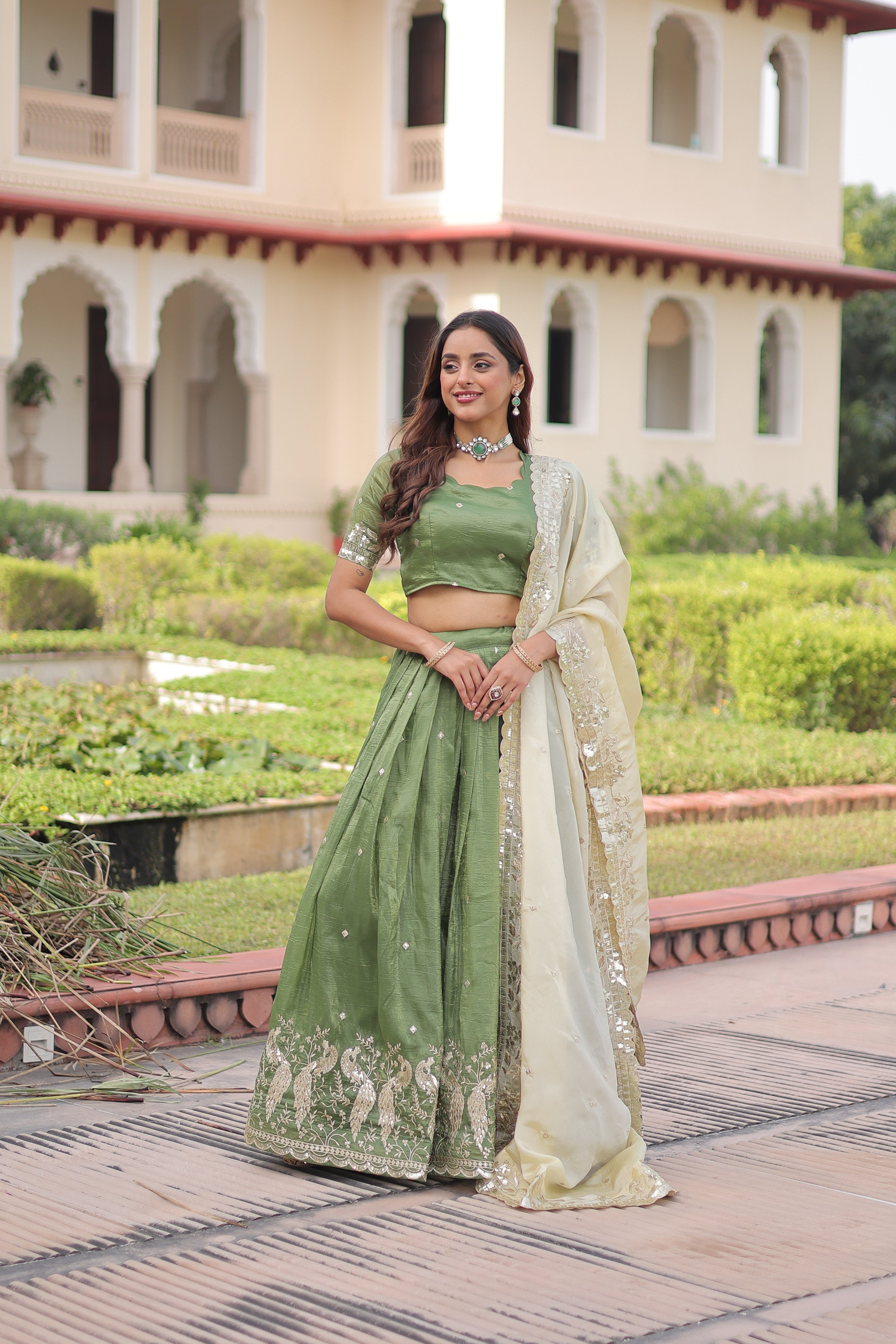Zari Embroidered Crushed Wedding Lehenga Choli for Women