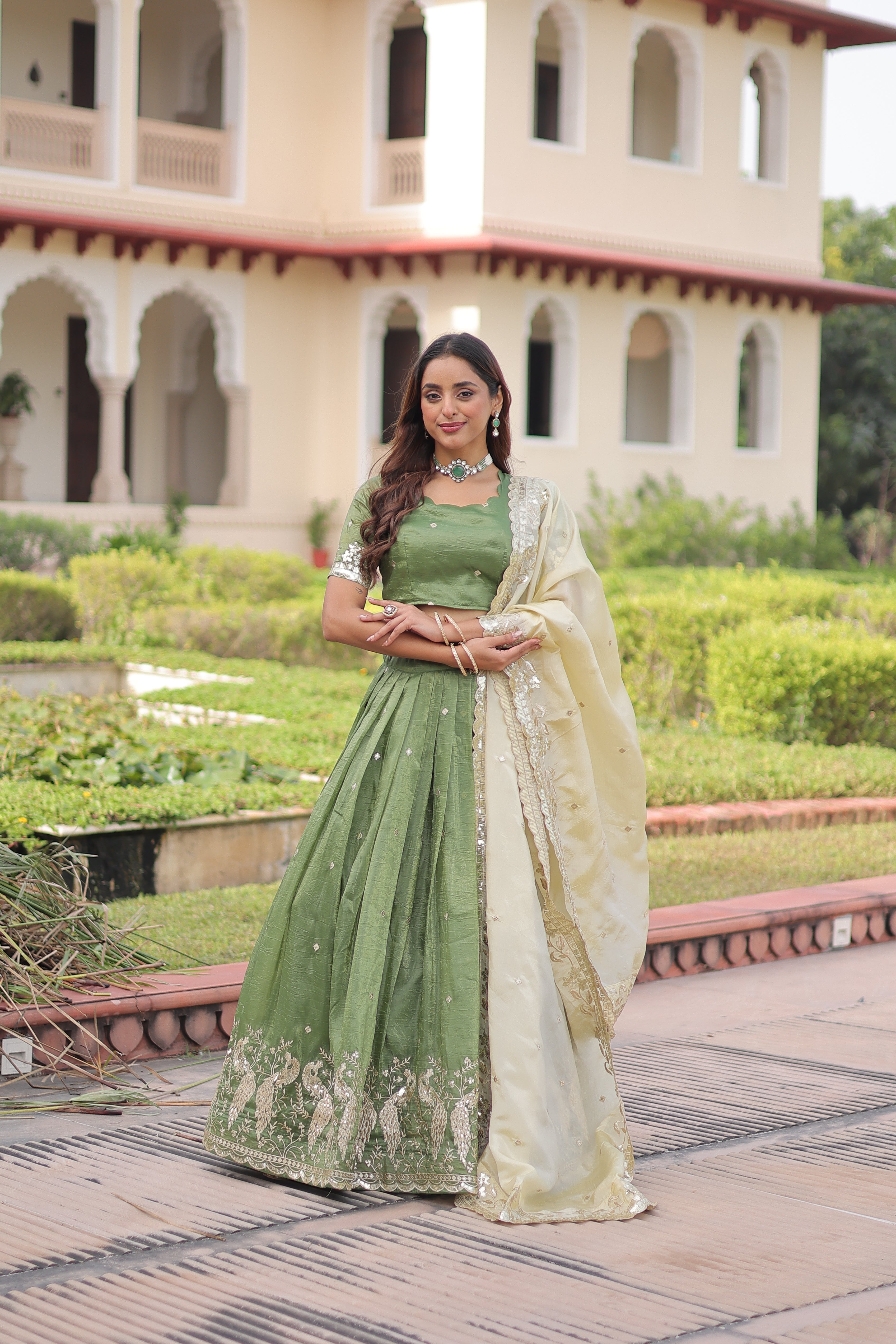Zari Embroidered Crushed Wedding Lehenga Choli for Women