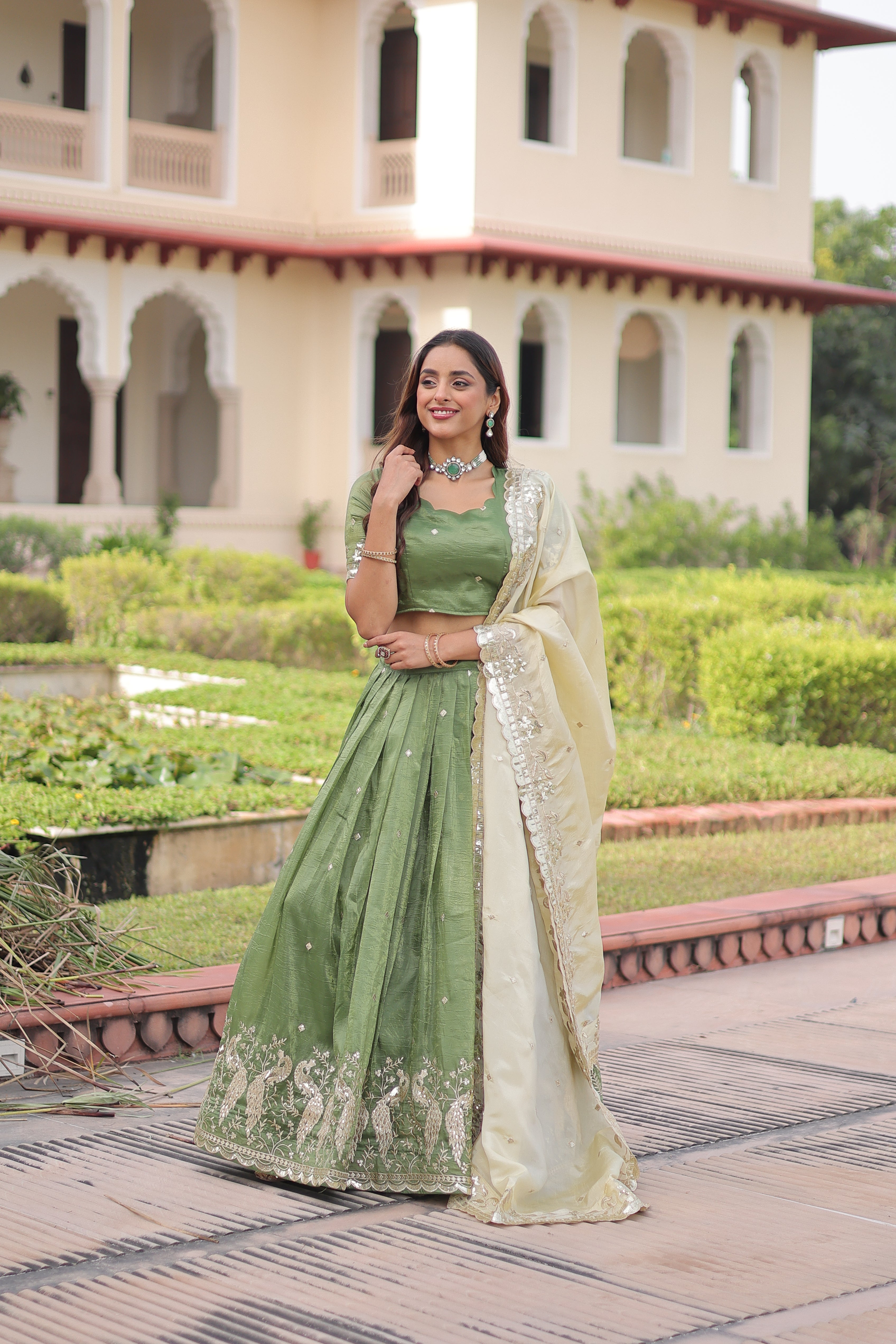 Zari Embroidered Crushed Wedding Lehenga Choli for Women
