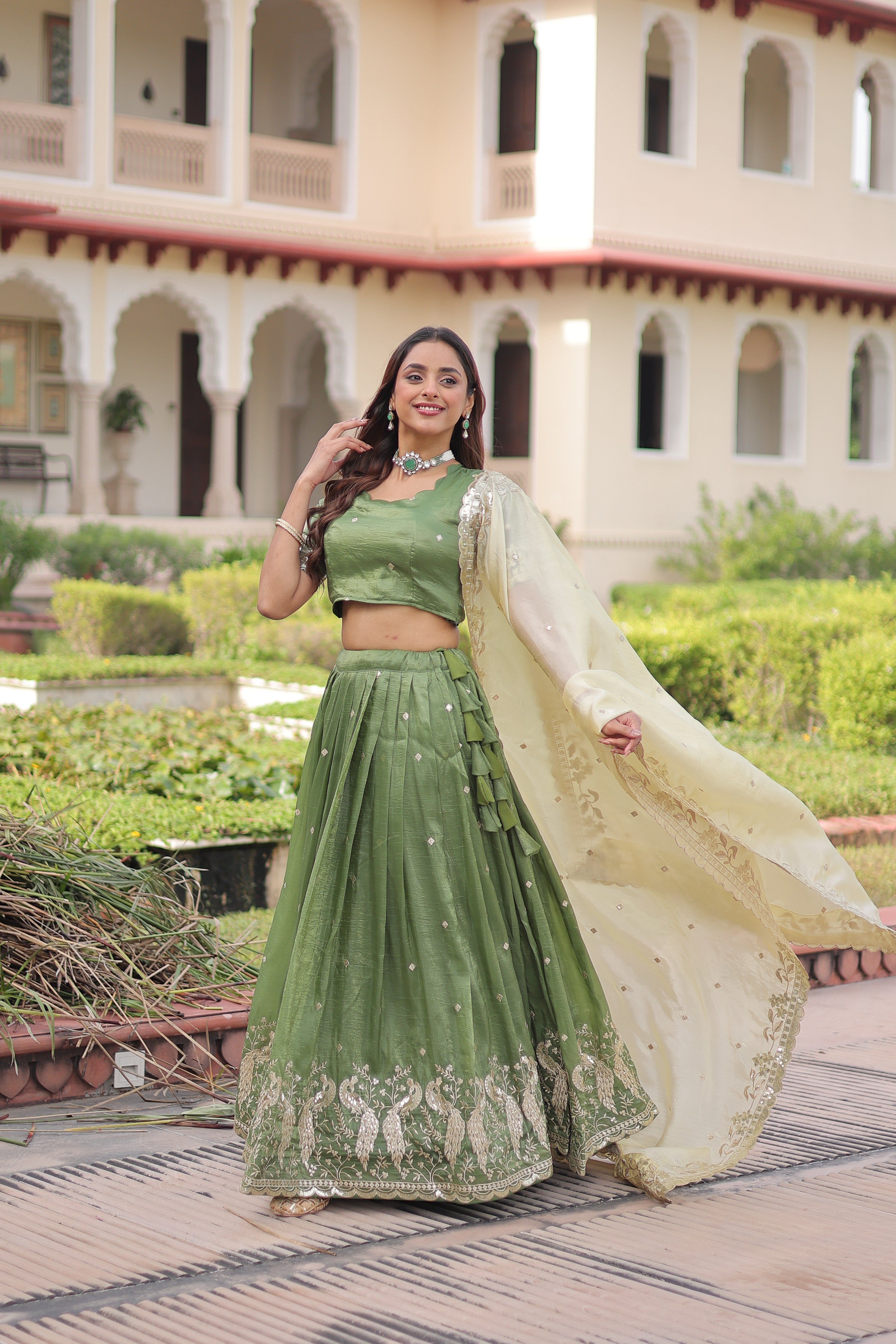 Zari Embroidered Crushed Wedding Lehenga Choli for Women