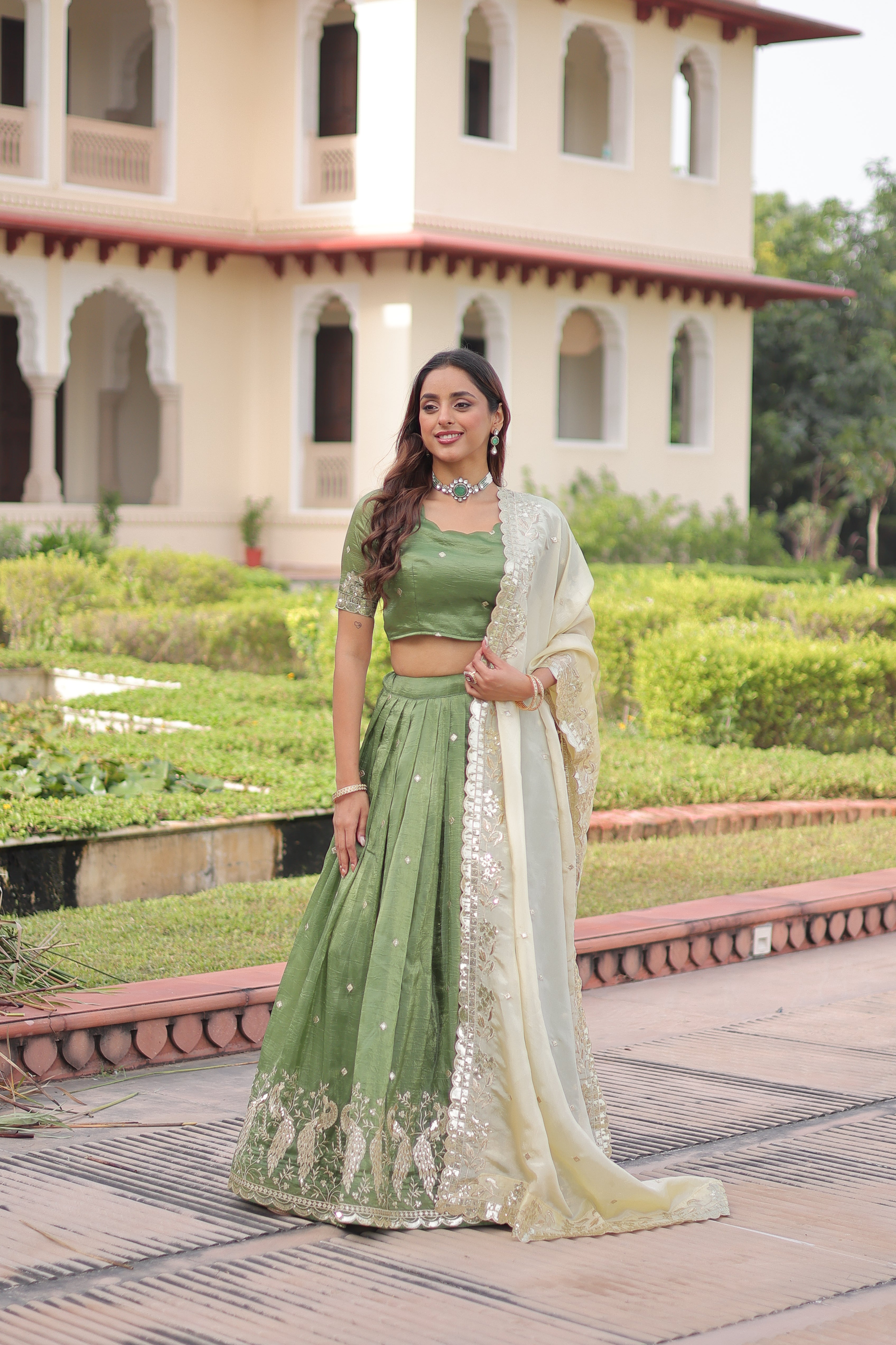 Zari Embroidered Crushed Wedding Lehenga Choli for Women