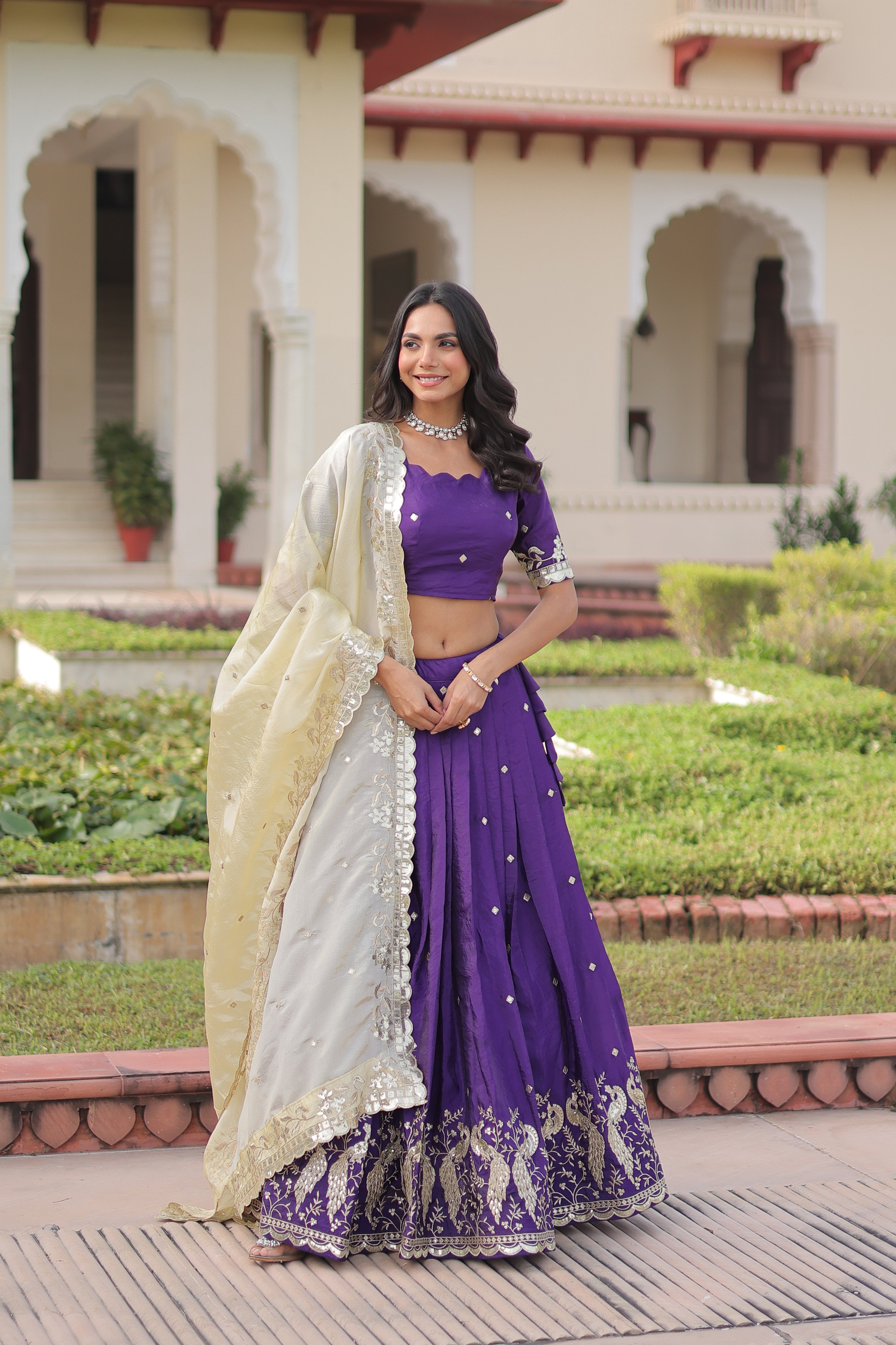 Zari Embroidered Crushed Wedding Lehenga Choli for Women