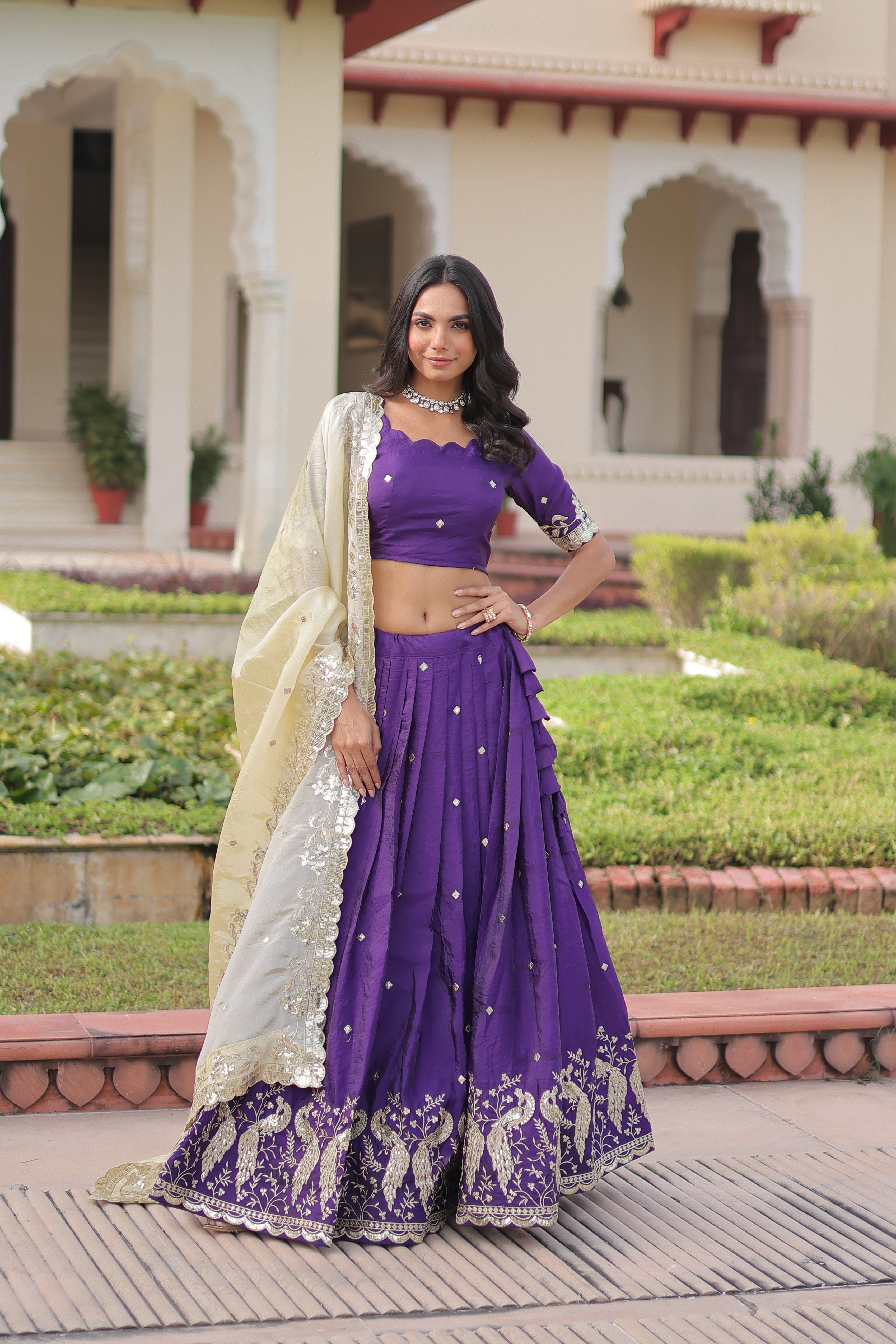 Zari Embroidered Crushed Wedding Lehenga Choli for Women