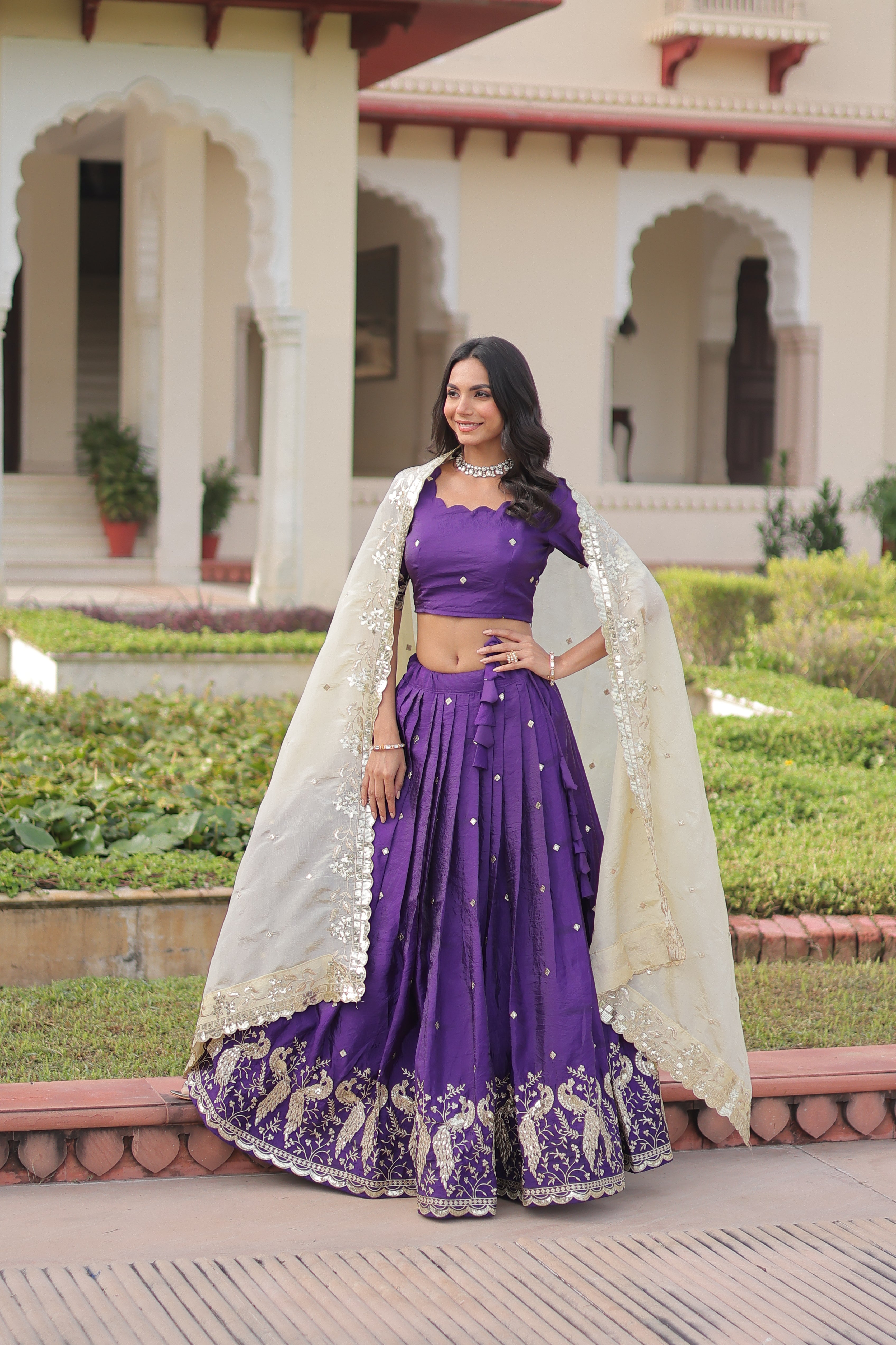 Zari Embroidered Crushed Wedding Lehenga Choli for Women