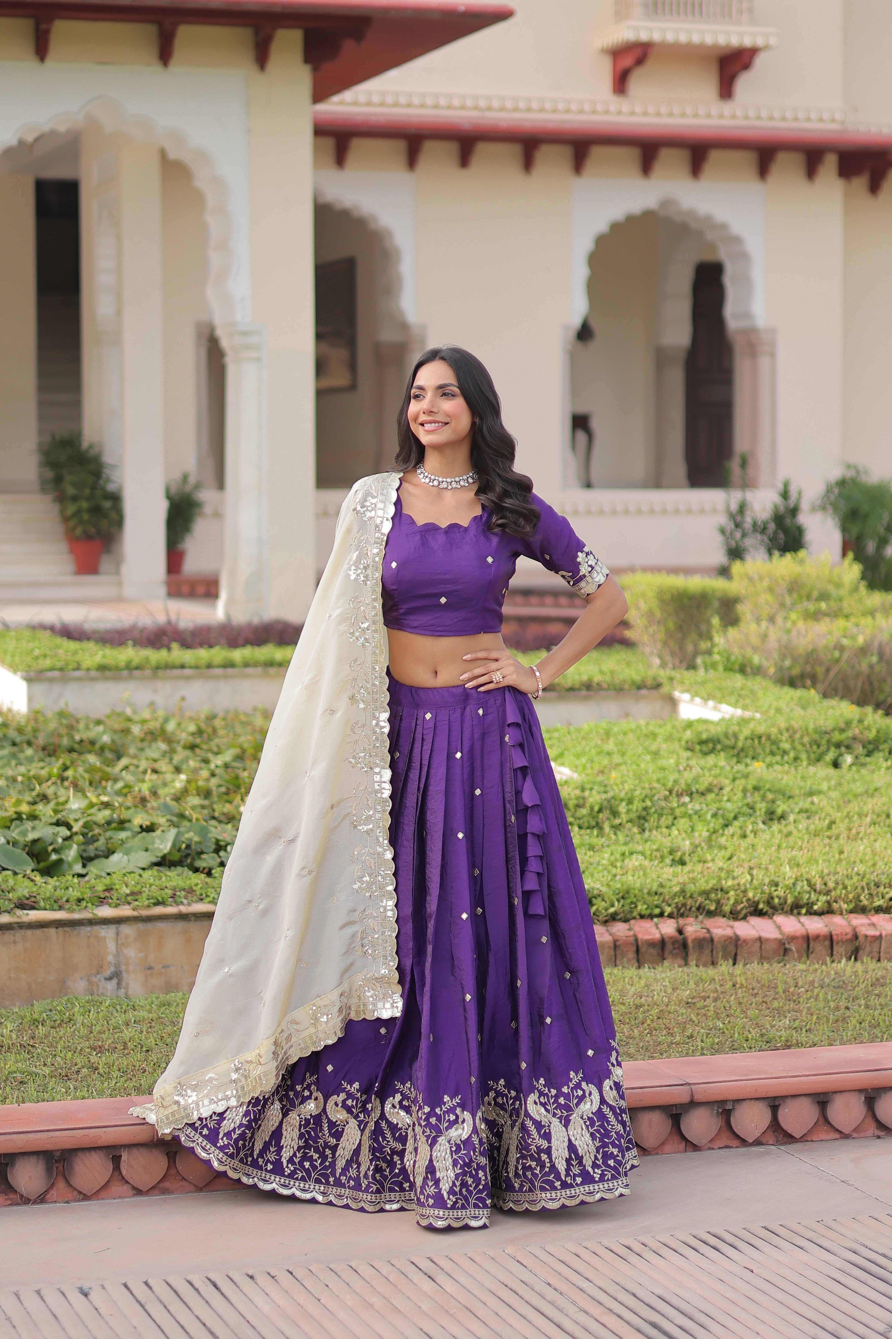 Zari Embroidered Crushed Wedding Lehenga Choli for Women