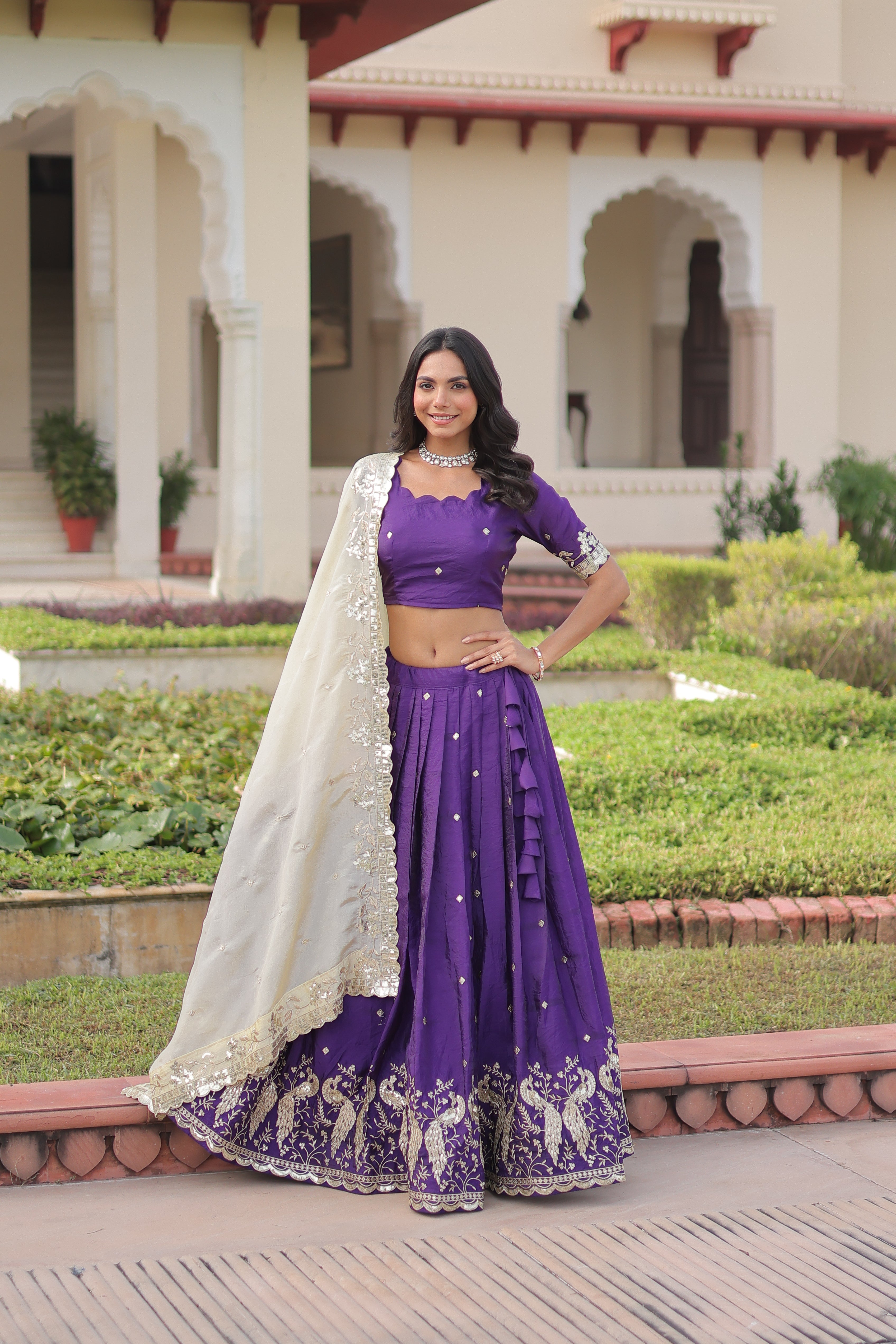 Zari Embroidered Crushed Wedding Lehenga Choli for Women