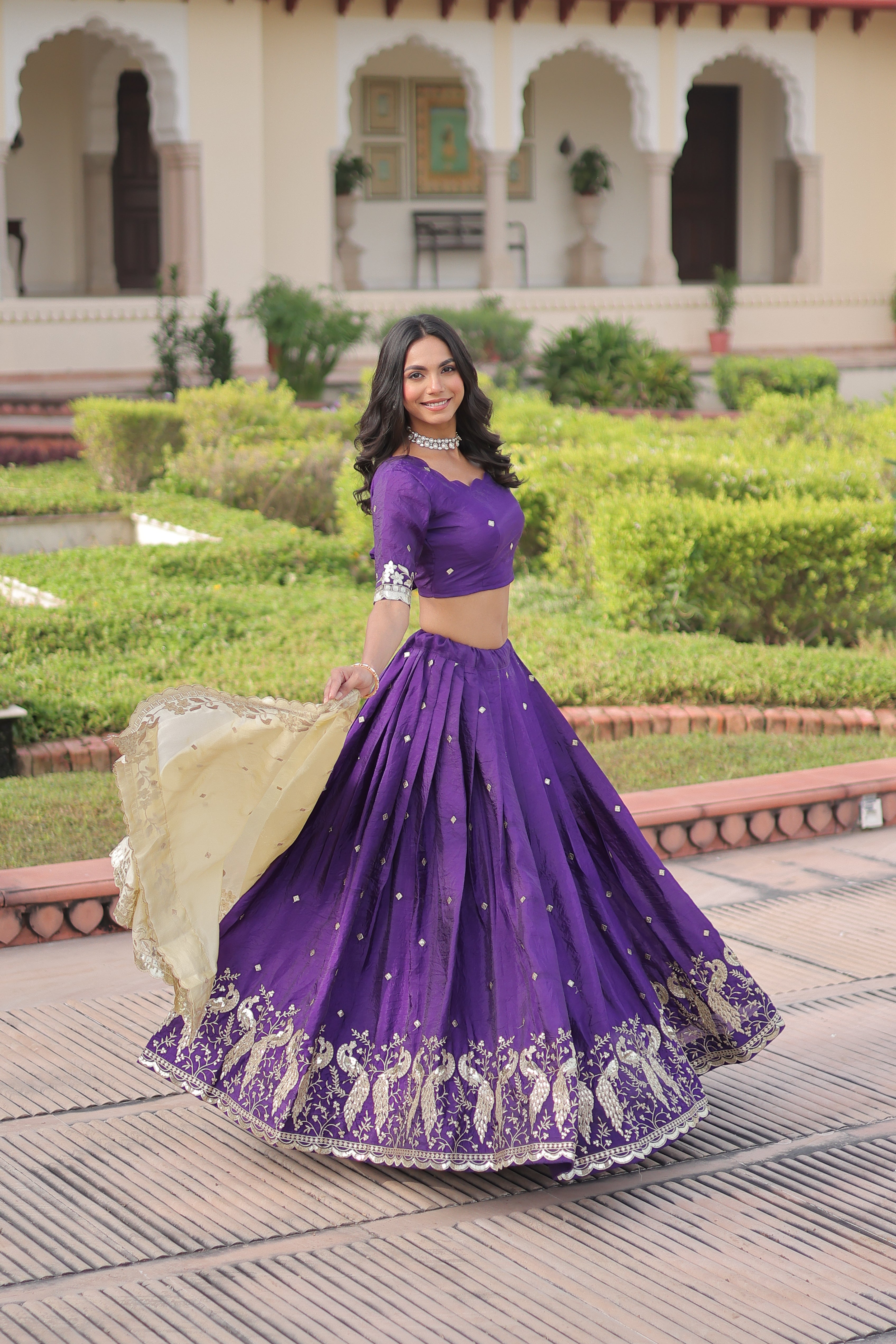 Zari Embroidered Crushed Wedding Lehenga Choli for Women