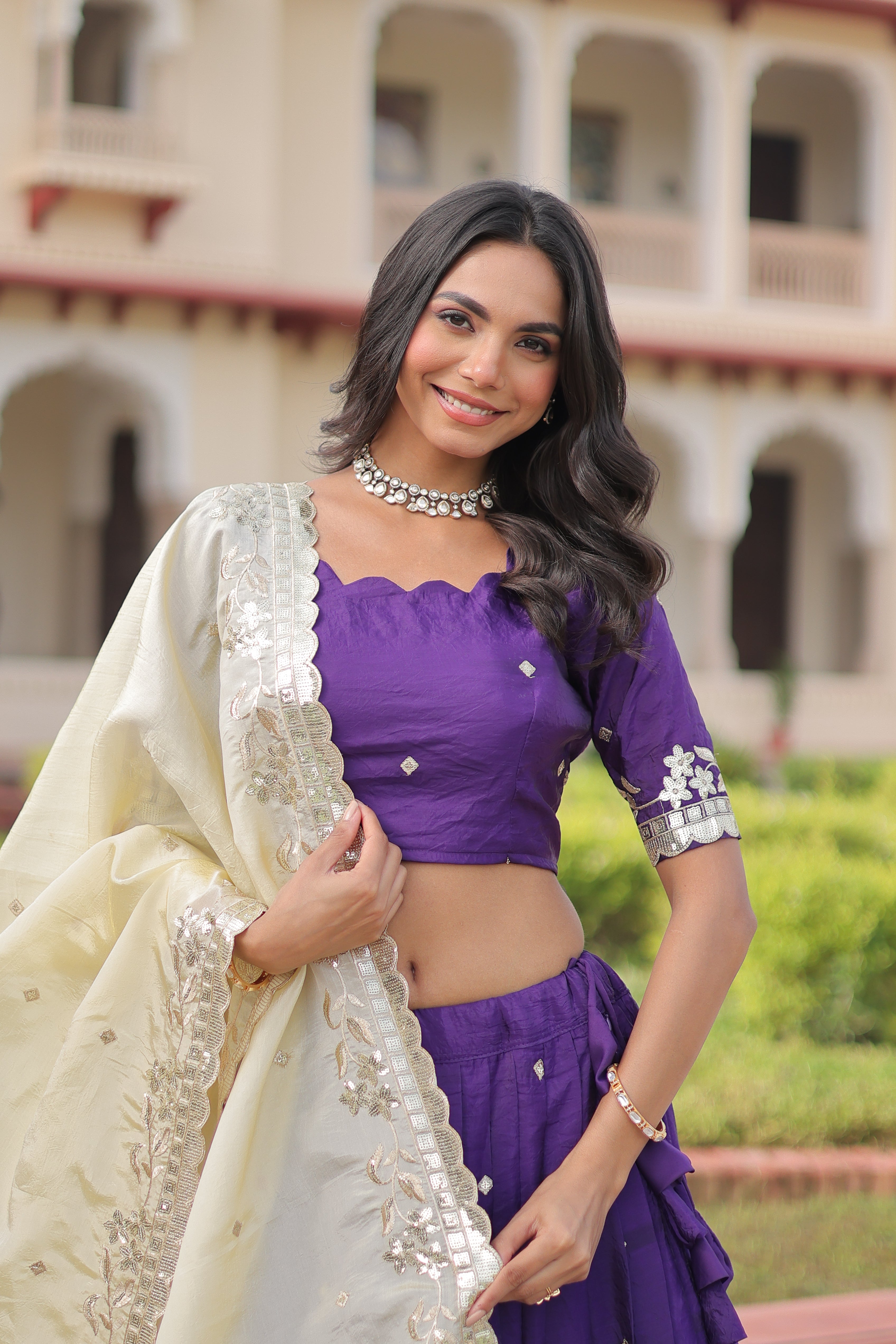 Zari Embroidered Crushed Wedding Lehenga Choli for Women