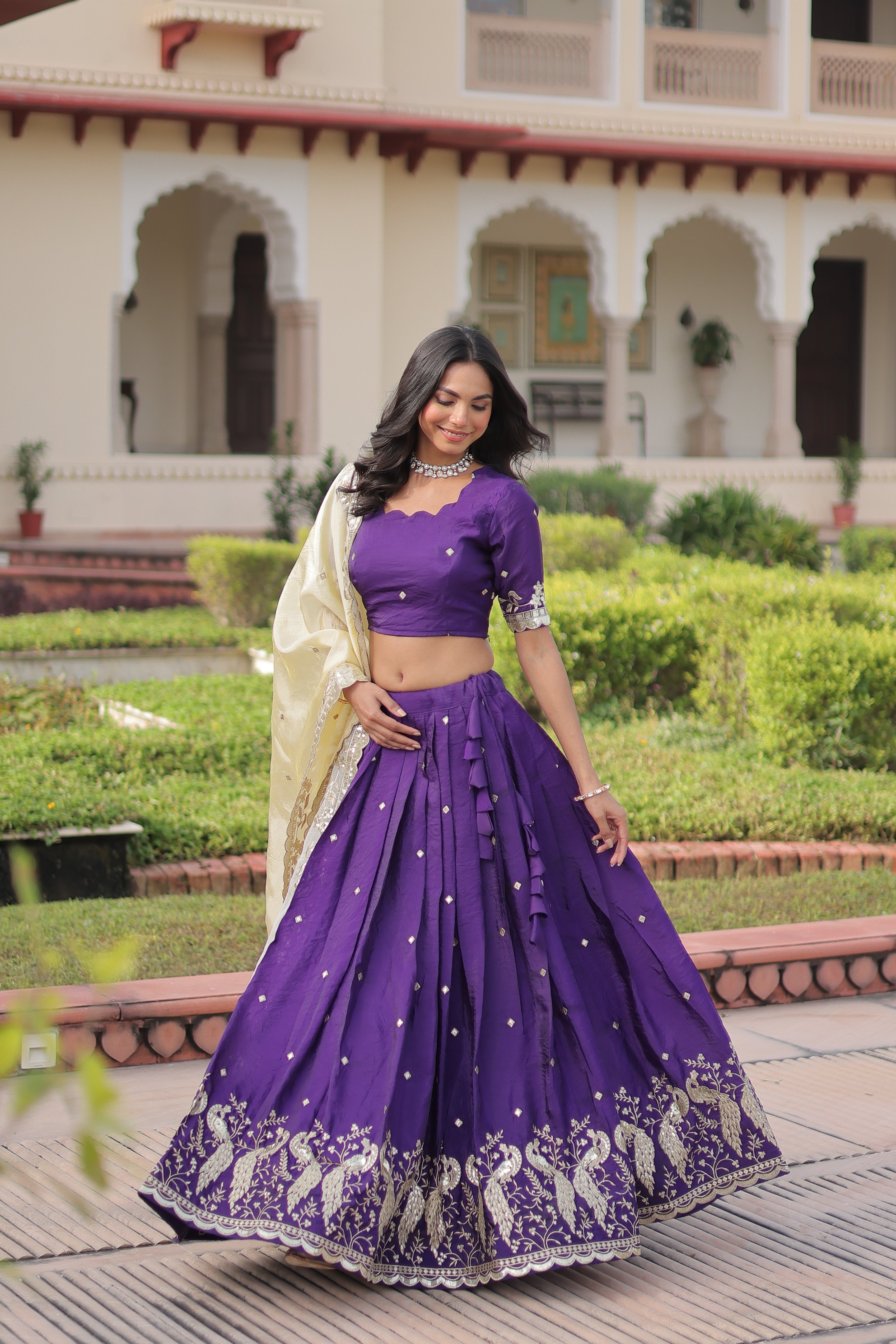 Zari Embroidered Crushed Wedding Lehenga Choli for Women