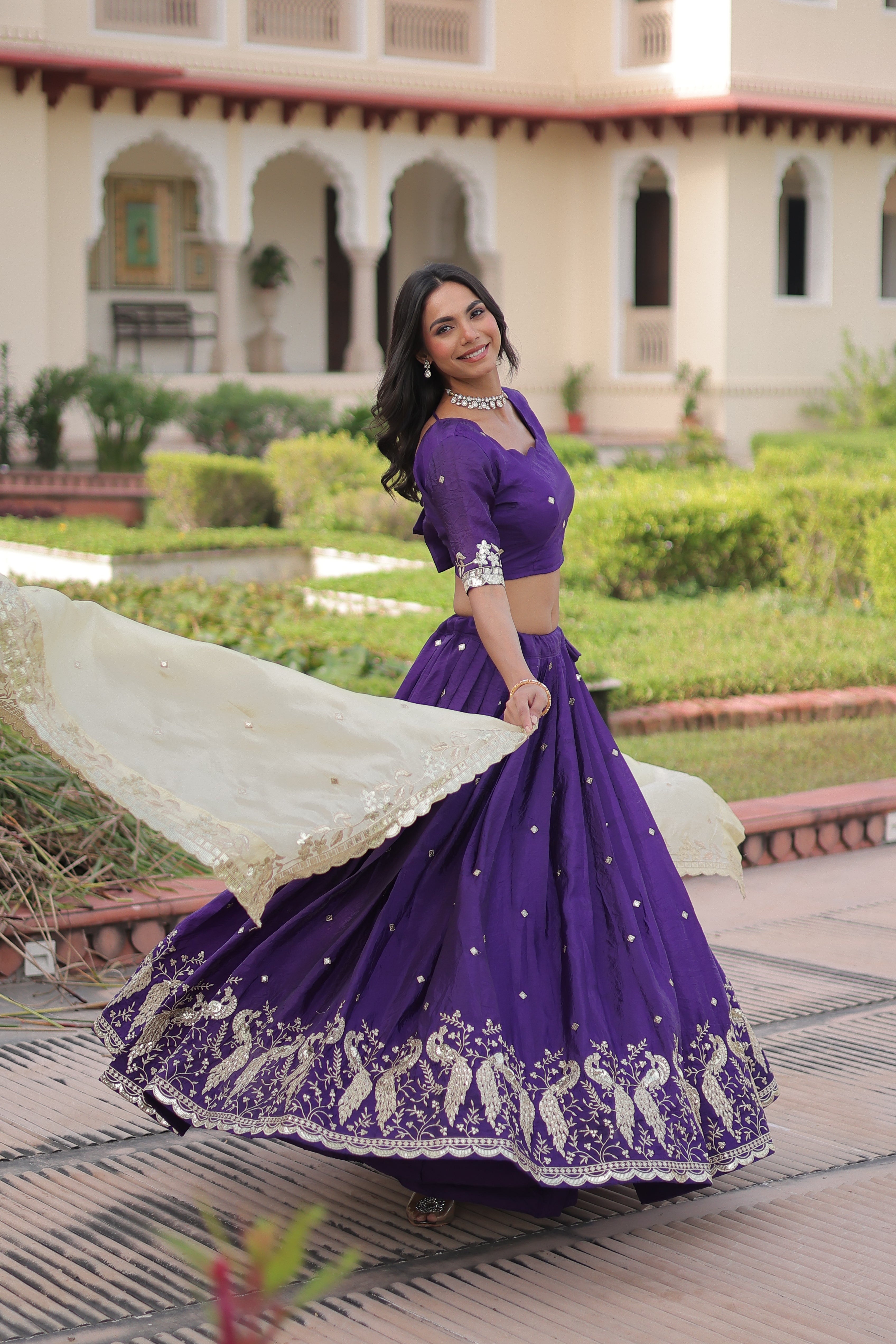 Zari Embroidered Crushed Wedding Lehenga Choli for Women