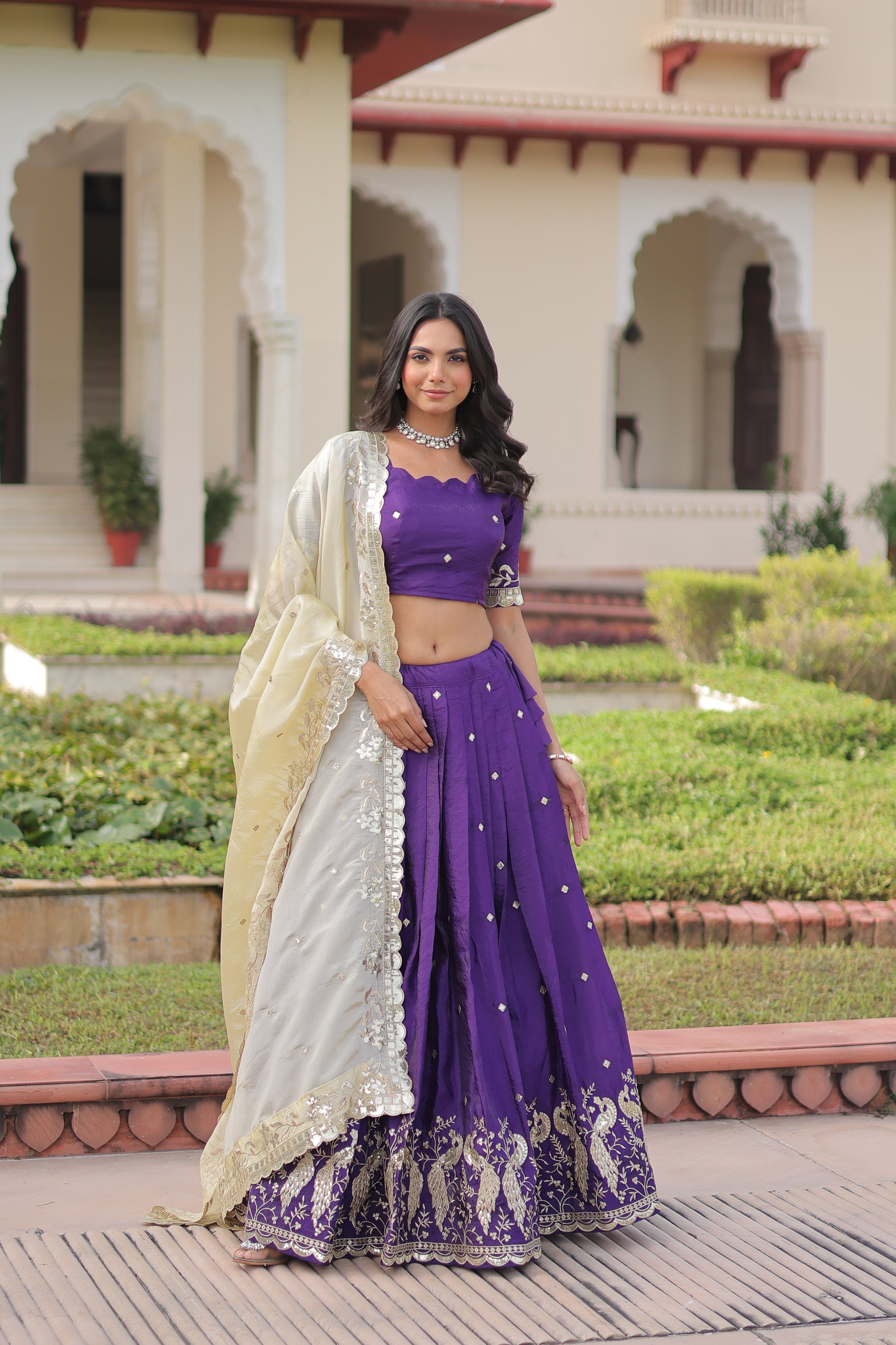 Zari Embroidered Crushed Wedding Lehenga Choli for Women