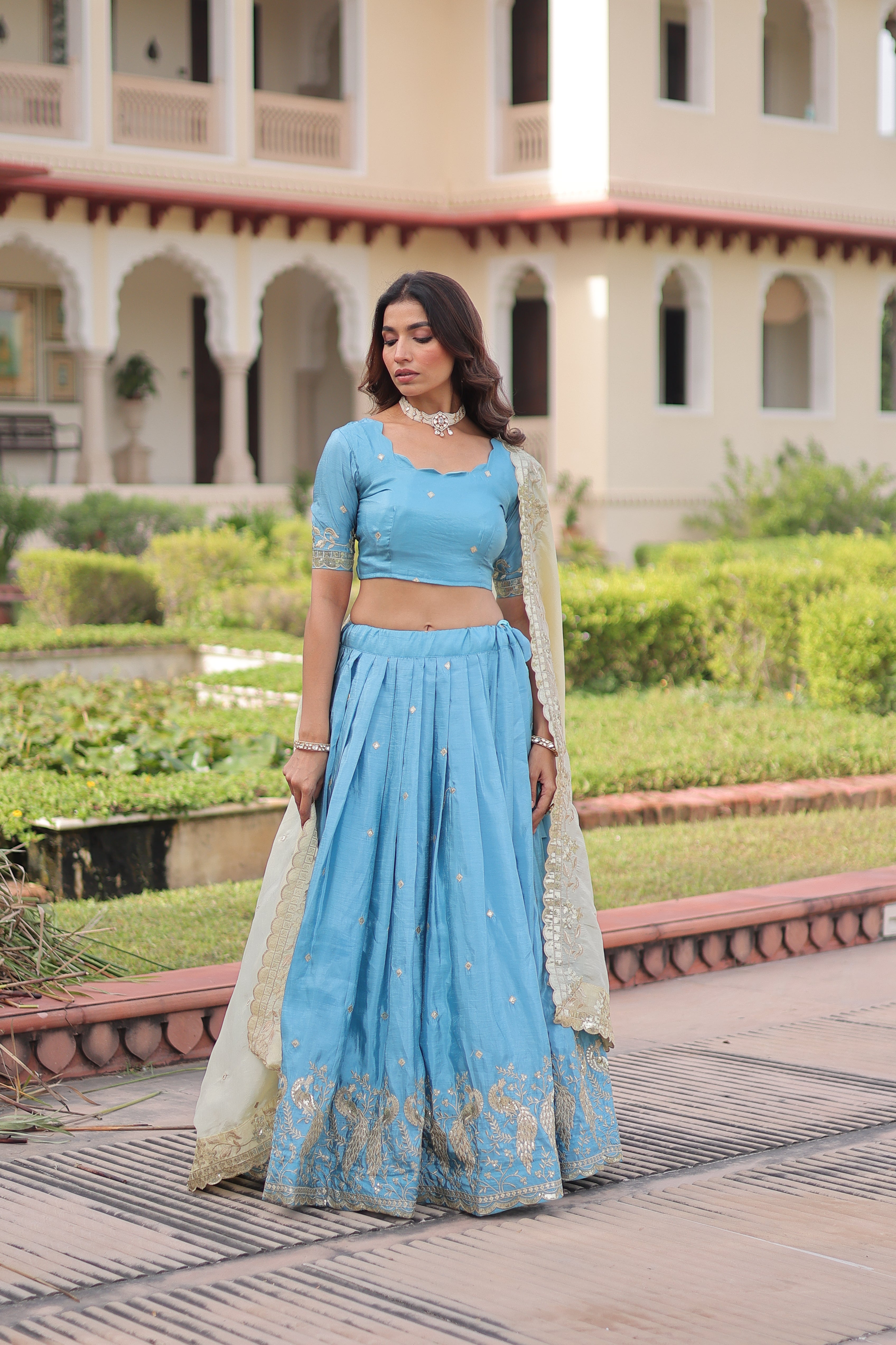 Zari Embroidered Crushed Wedding Lehenga Choli for Women