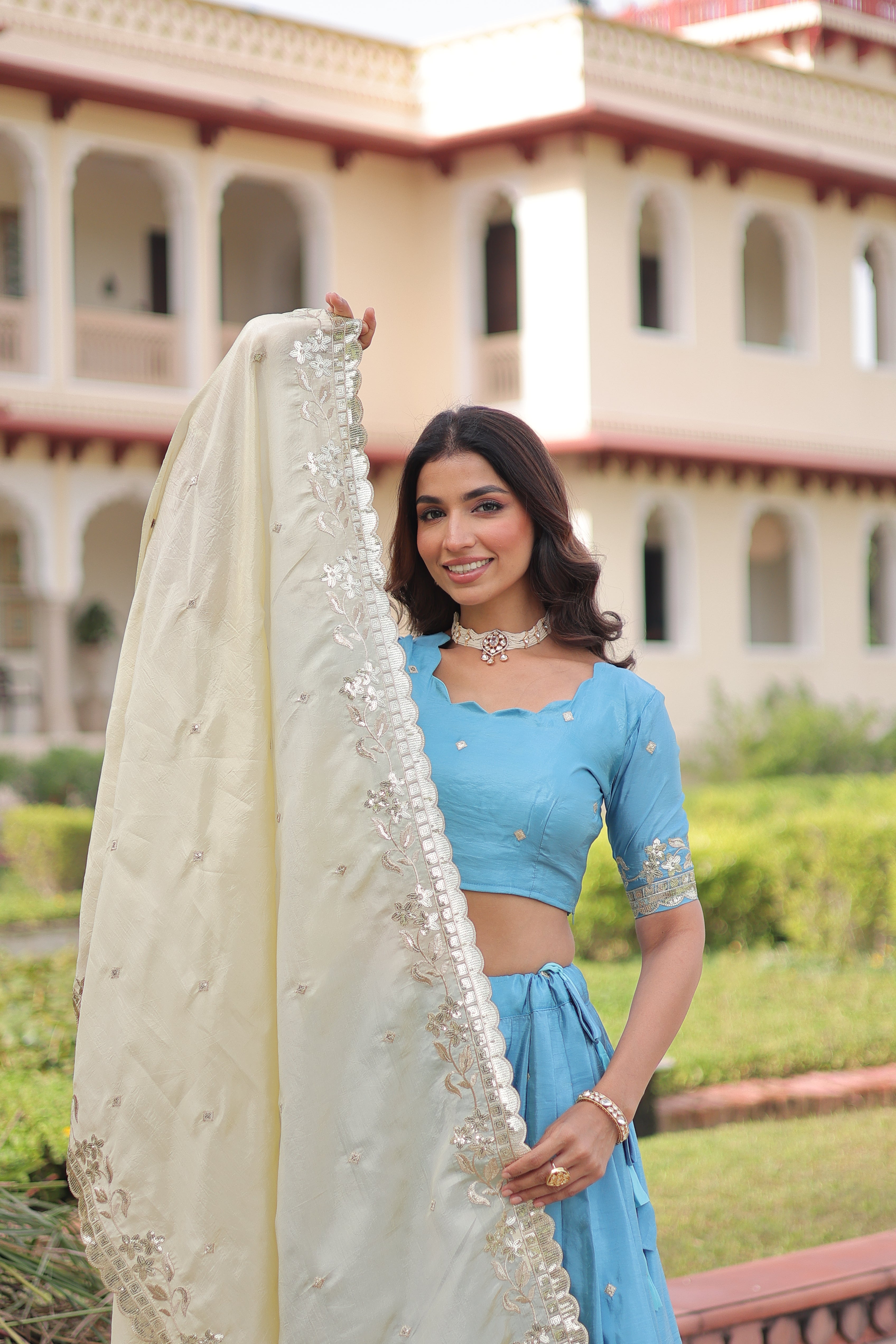 Zari Embroidered Crushed Wedding Lehenga Choli for Women