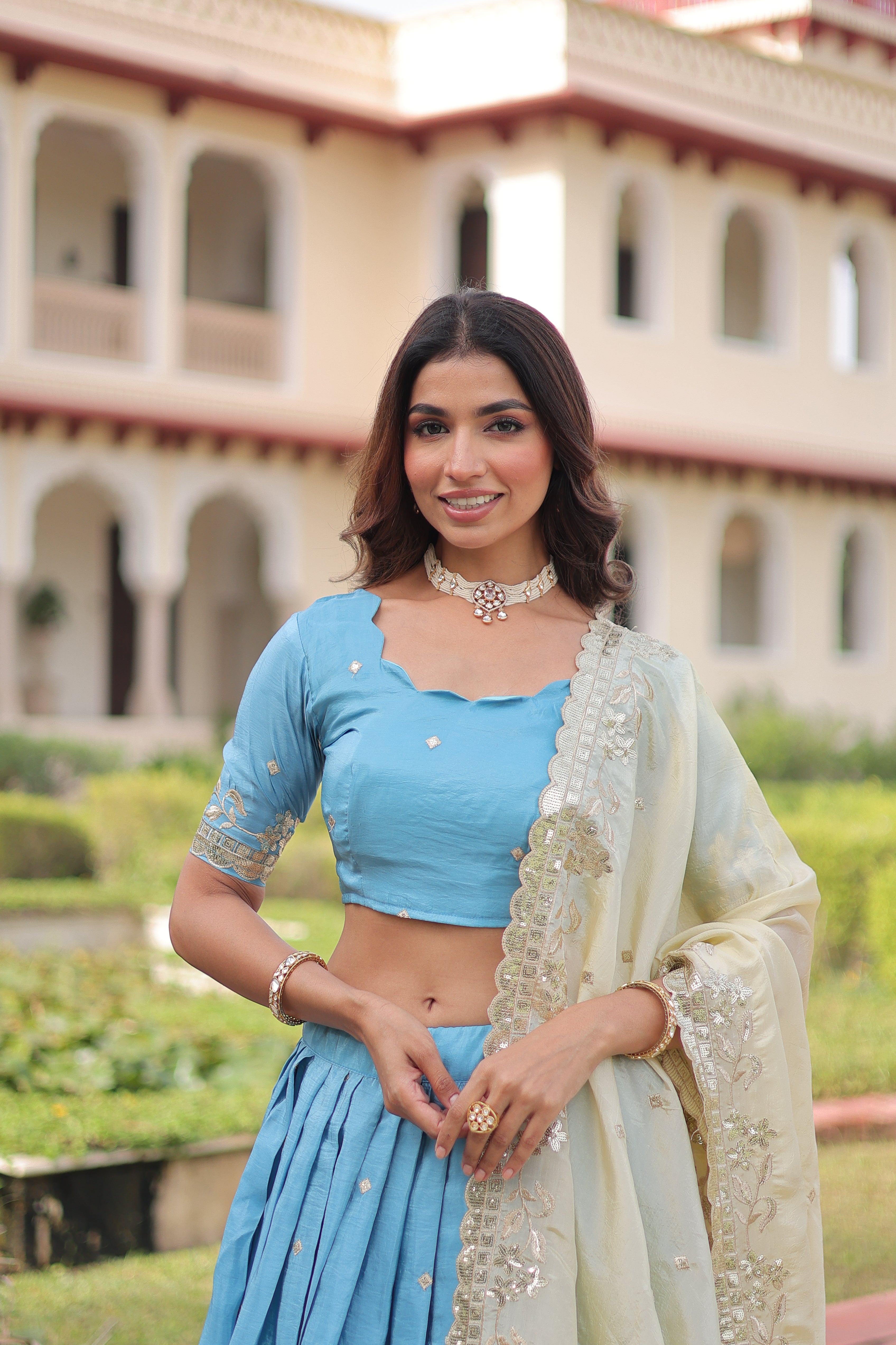 Zari Embroidered Crushed Wedding Lehenga Choli for Women