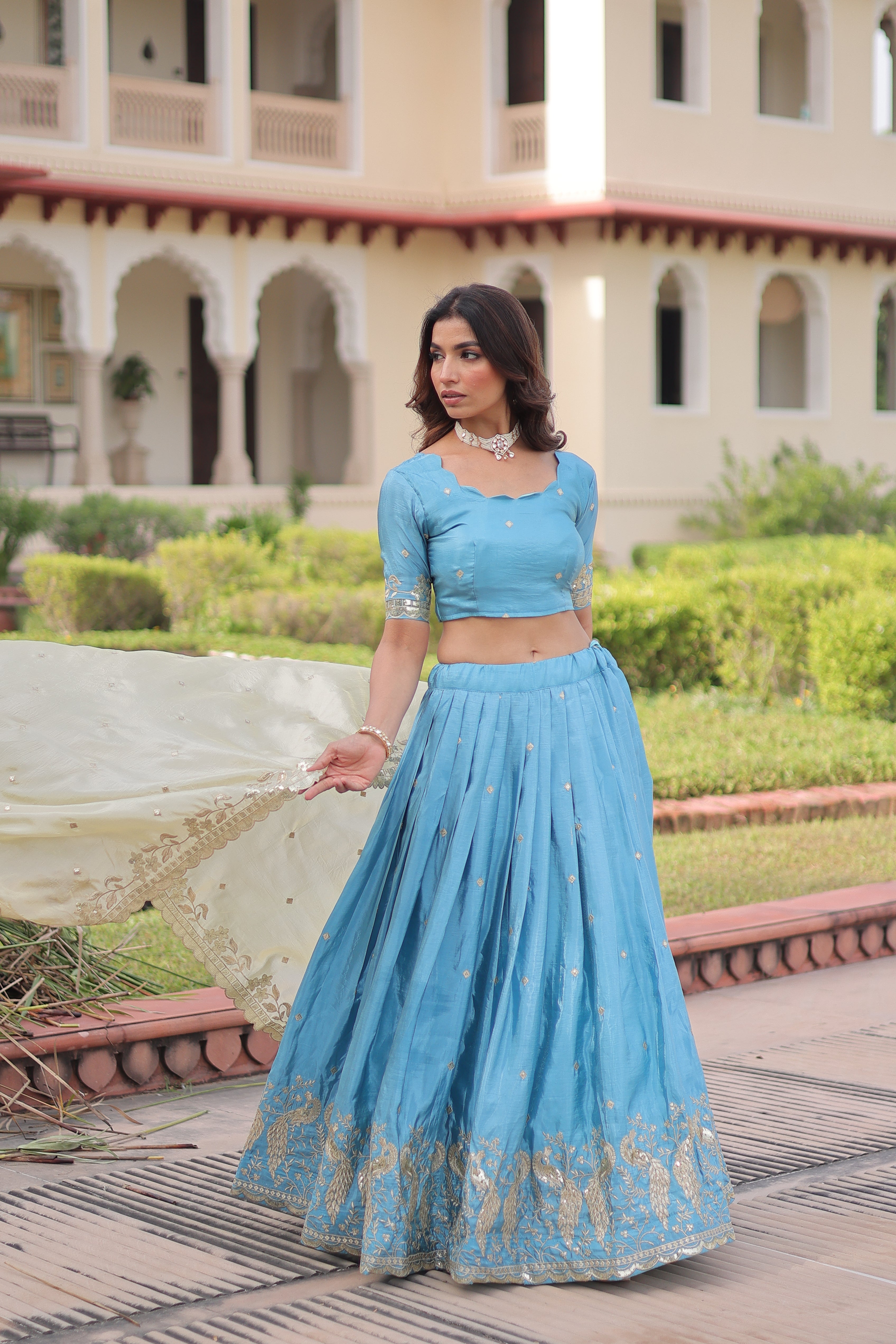 Zari Embroidered Crushed Wedding Lehenga Choli for Women