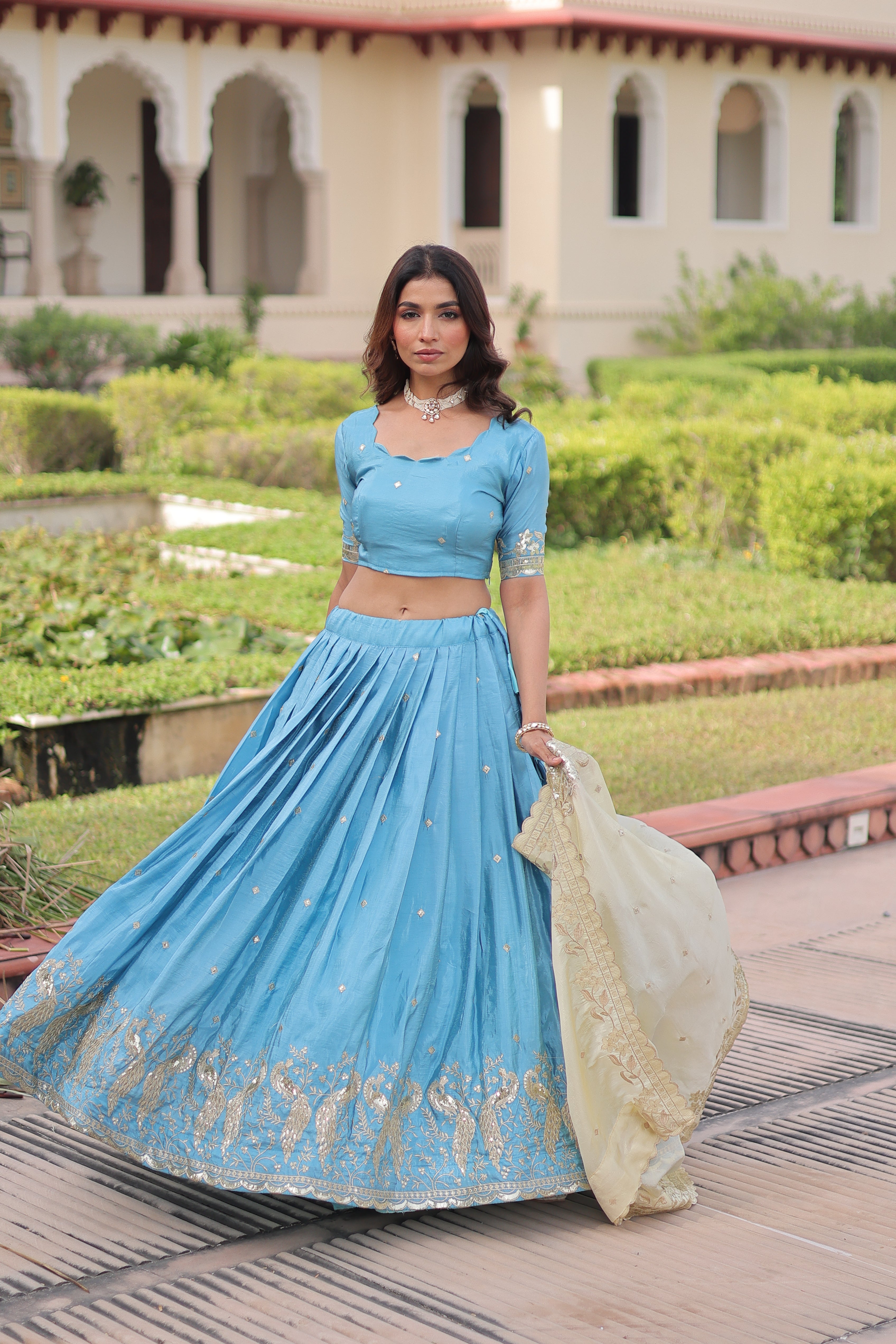 Zari Embroidered Crushed Wedding Lehenga Choli for Women